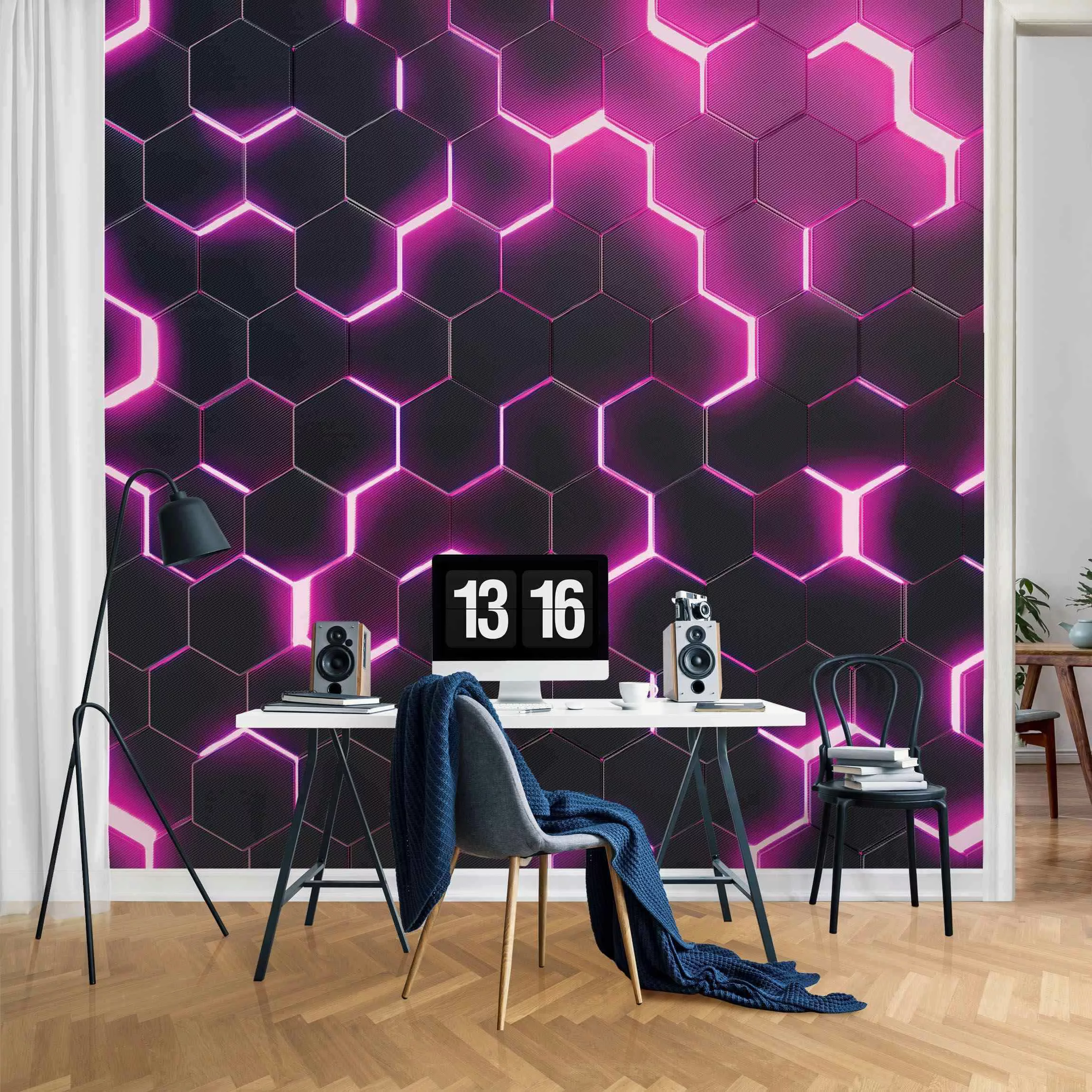 Fototapete Strukturierte Hexagone mit Neonlicht in Pink günstig online kaufen