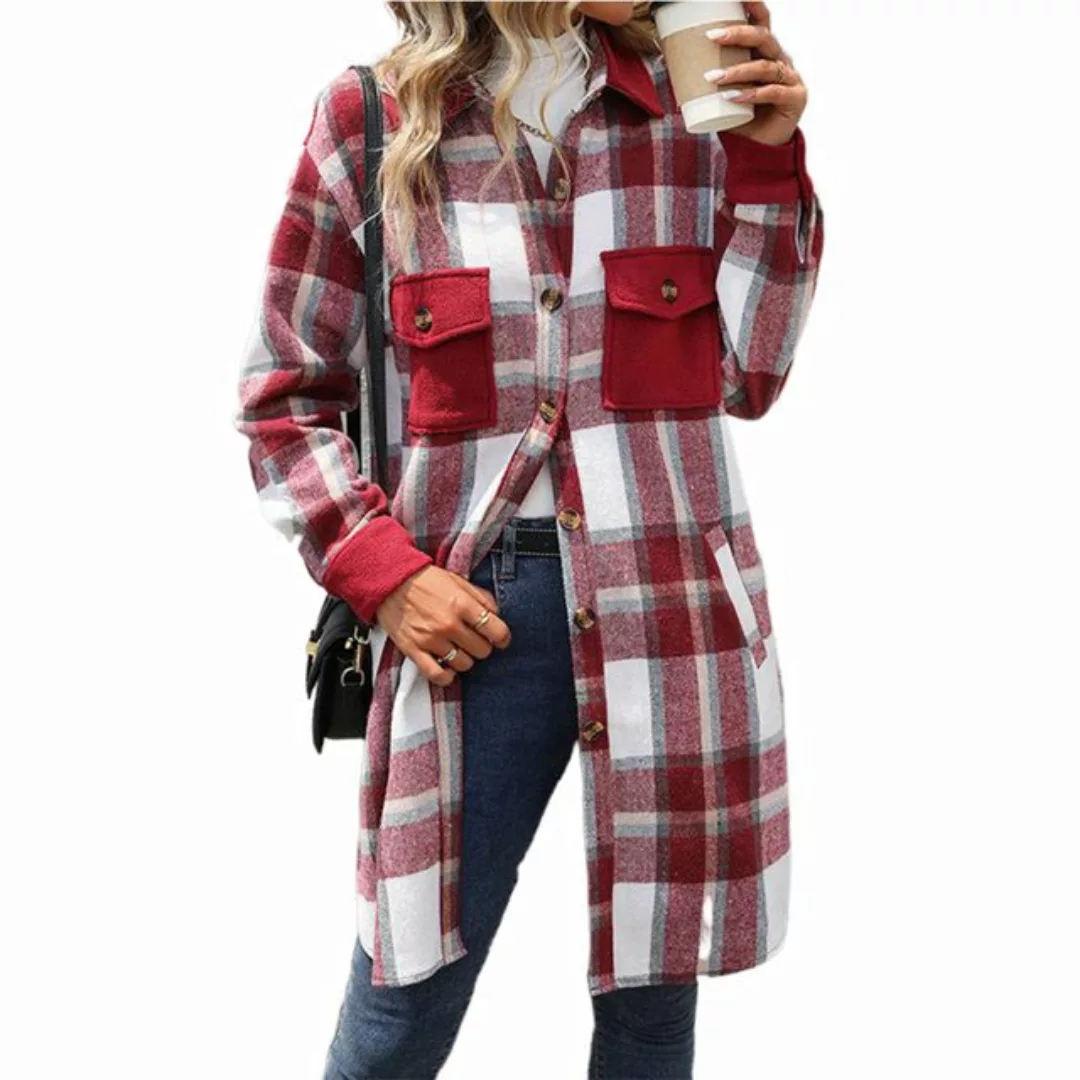 MC Star Hemdbluse Damen Casual Revers Button Down Lange Karierte Hemdjacke günstig online kaufen