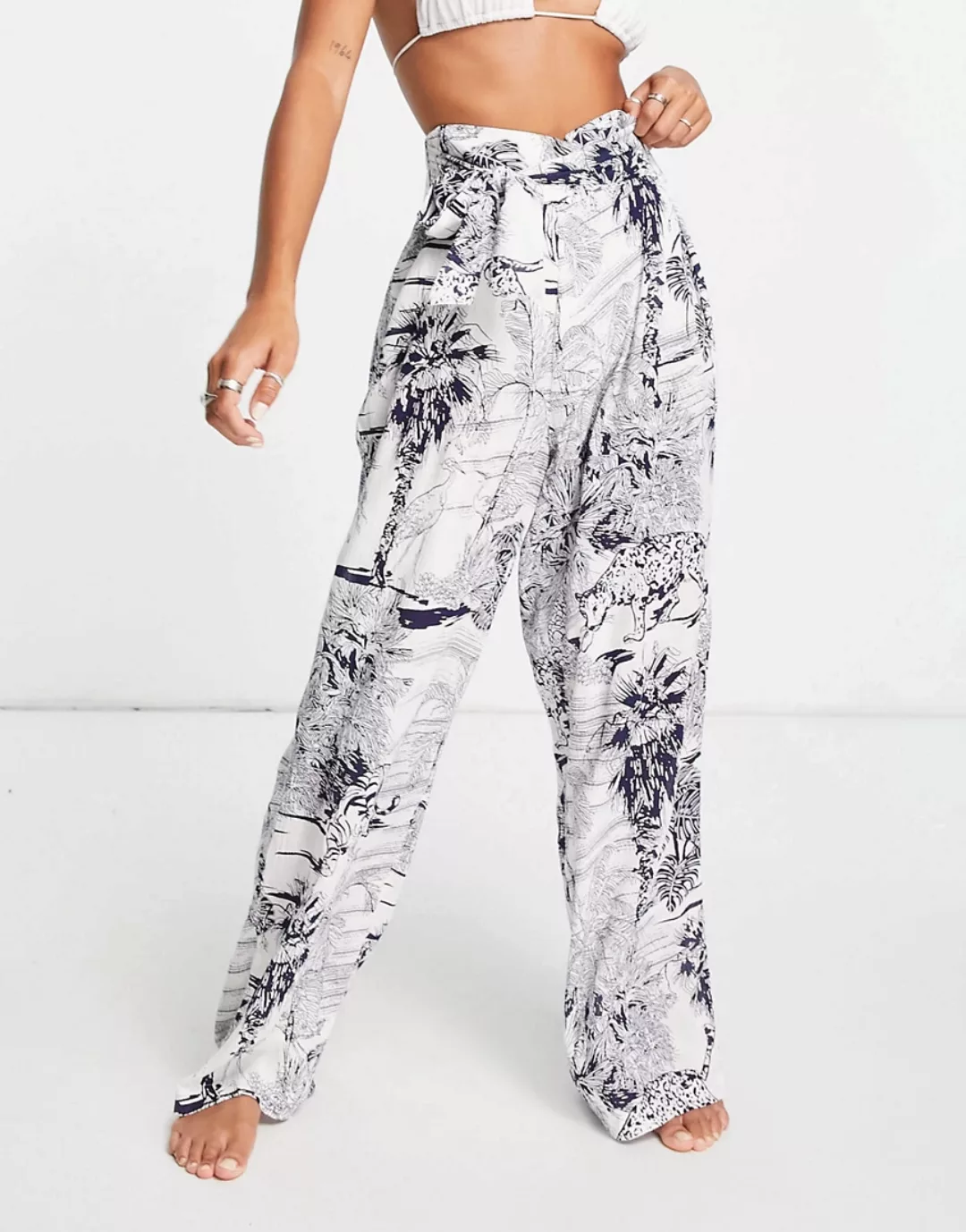 ASOS DESIGN – Strandhose mit Vintage-Linienprint und Knitterdesign, Kombite günstig online kaufen