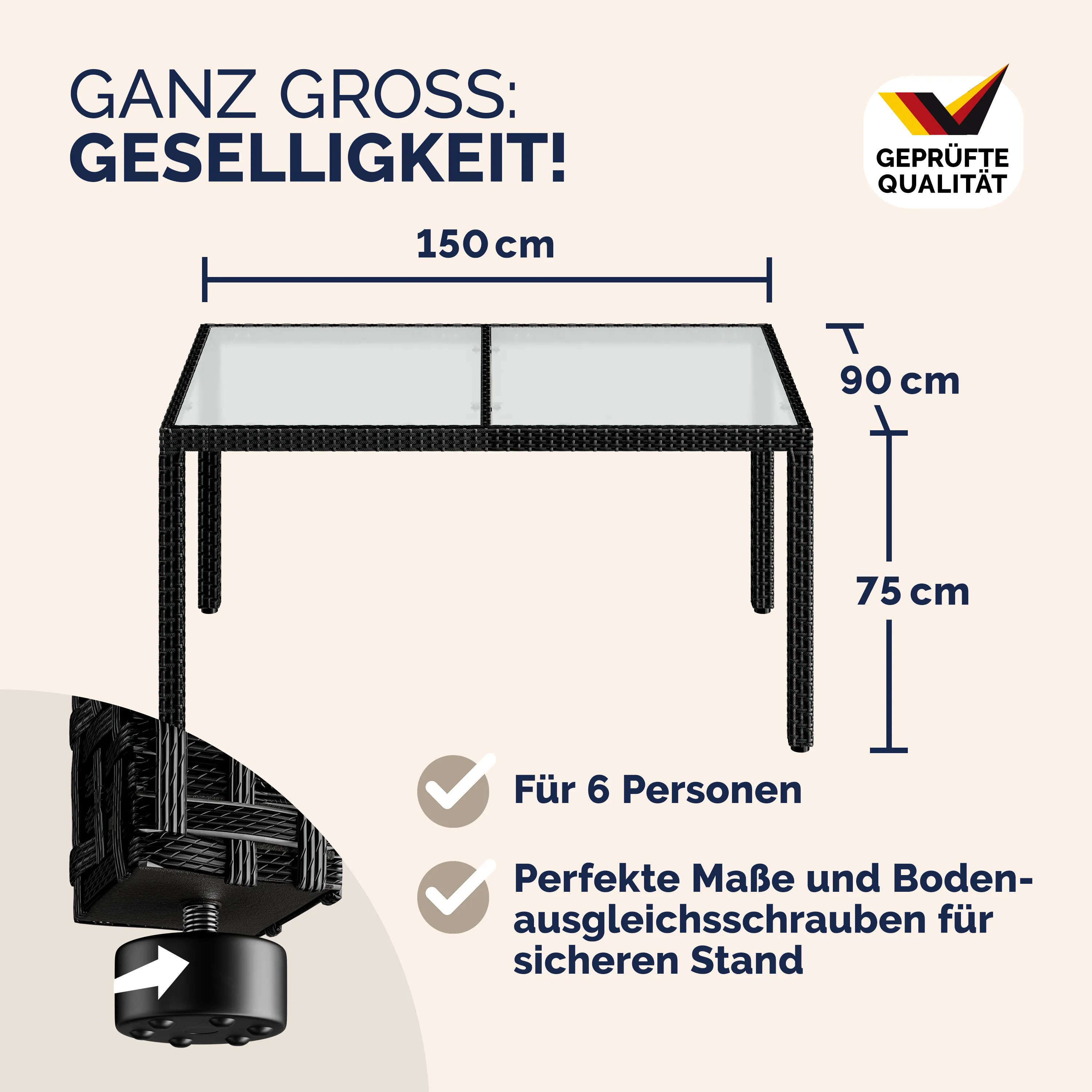 Polyrattan Gartentisch Schwarz 150x90x75cm Glas günstig online kaufen