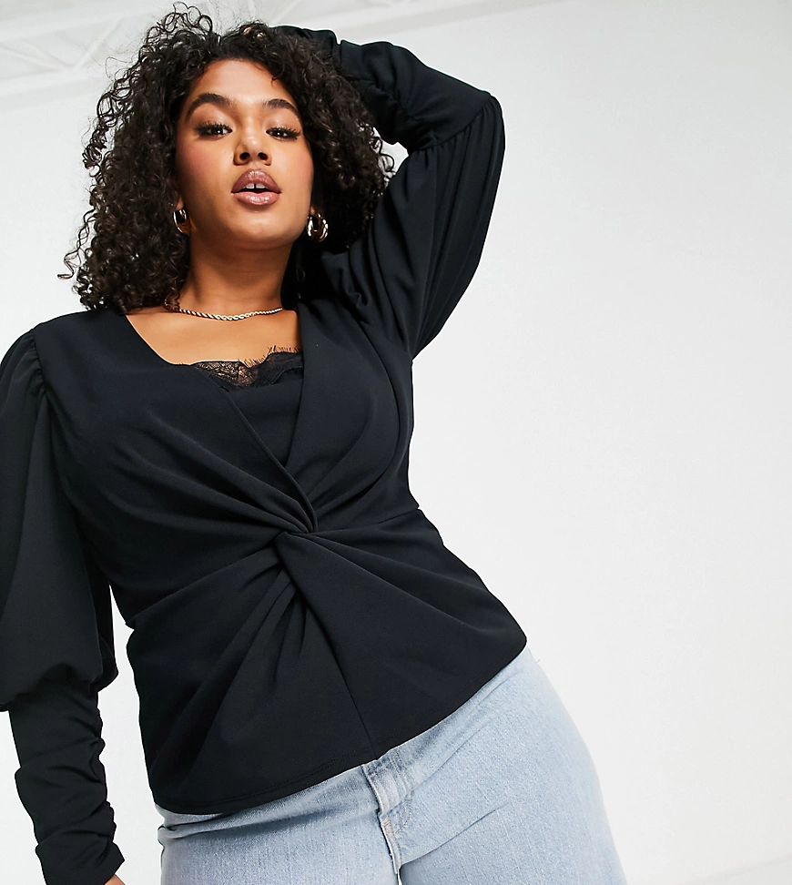 ASOS DESIGN Curve – Stretchbluse mit weiten Ärmeln und Spitzendetail in Sch günstig online kaufen