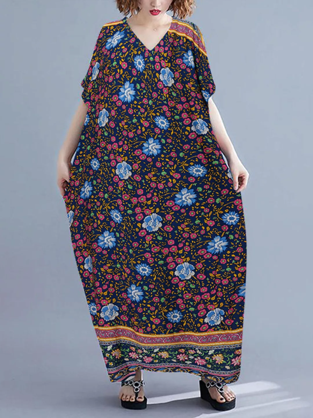 Fledermausärmel mit Blumenmuster V-Ausschnitt Maxi Plus Größe Kleid günstig online kaufen