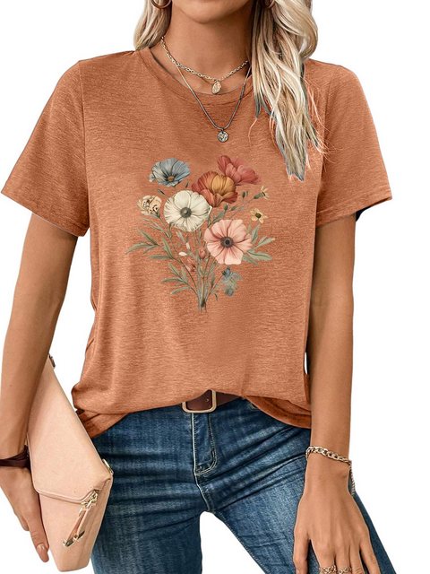 PYL Kurzarmshirt Damen Casual Kurzarmshirt mit Blumen Druck günstig online kaufen