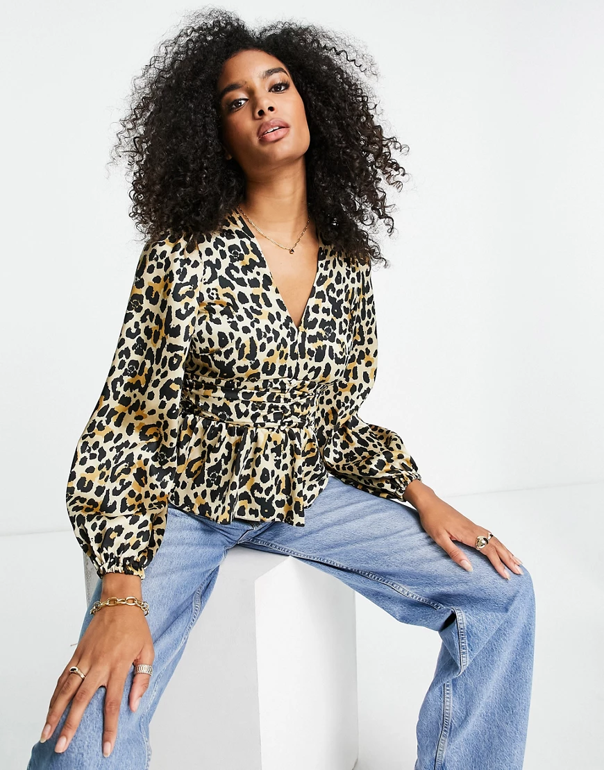 River Island – Bluse in Braun mit Leopardenprint und weiten Ärmeln günstig online kaufen