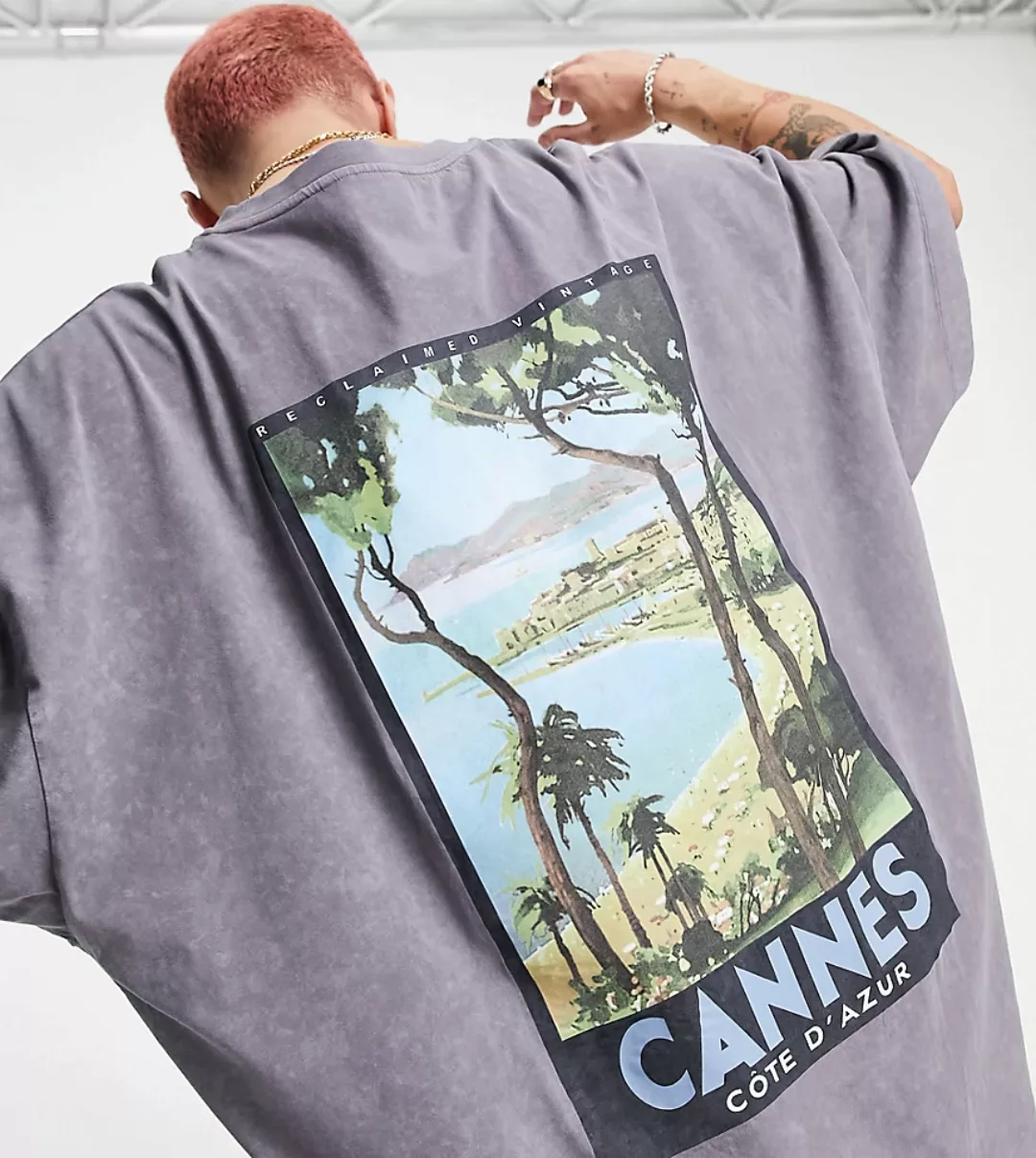 Reclaimed Vintage – Inspired – T-Shirt mit Cannes-Aufdruck am Rücken-Grau günstig online kaufen