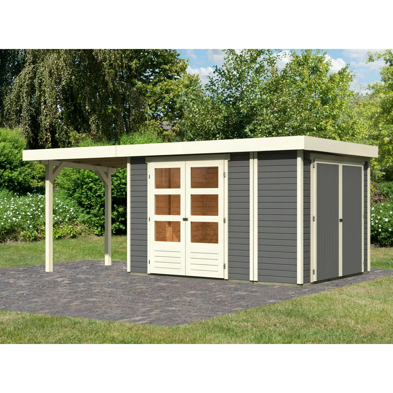 Karibu Gartenhaus Set Retola 4 Terragrau mit Anbaudach 240 cm Breit 5,76 m² günstig online kaufen