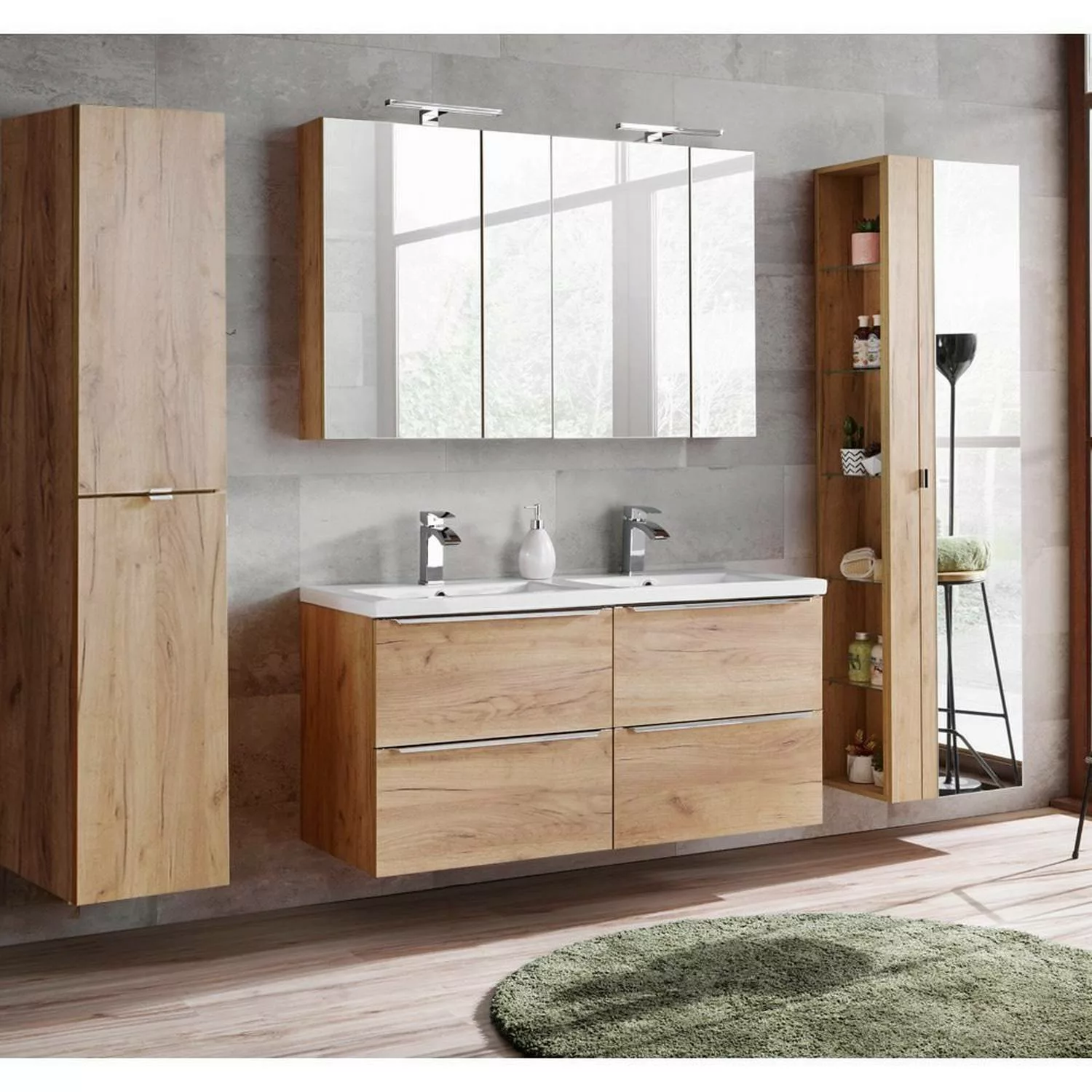 Badezimmermöbel Set mit 120cm Doppel-Keramik-Waschtisch TOSKANA-56 Hochglan günstig online kaufen