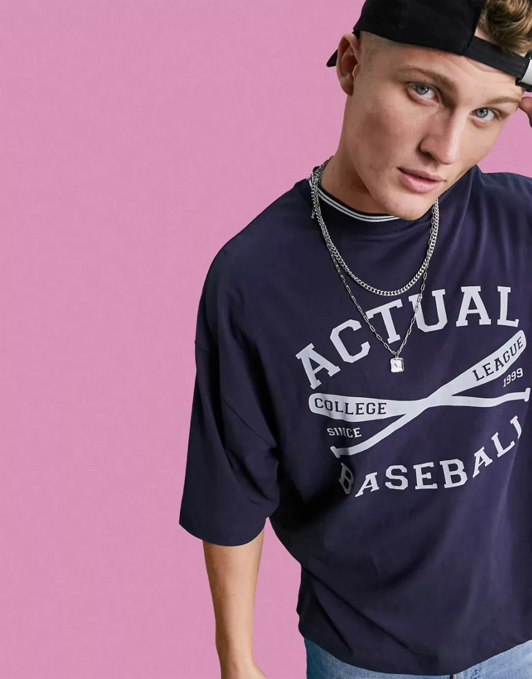 ASOS – Actual – Oversize-T-Shirt in Marineblau mit geripptem Ringer-Ausschn günstig online kaufen