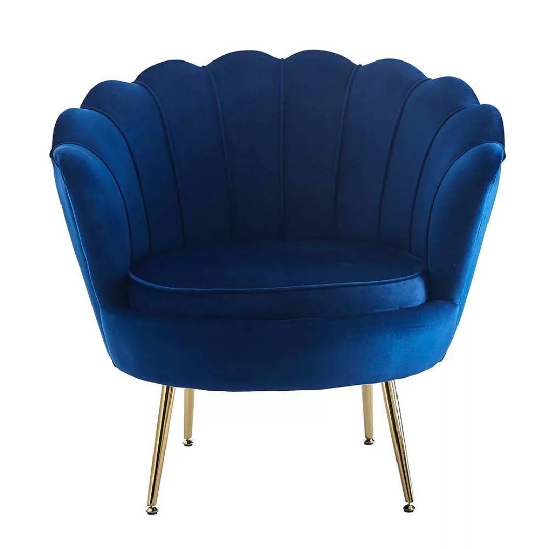 Designer Sessel Blau in Muschelform Retro Samt und Metall günstig online kaufen