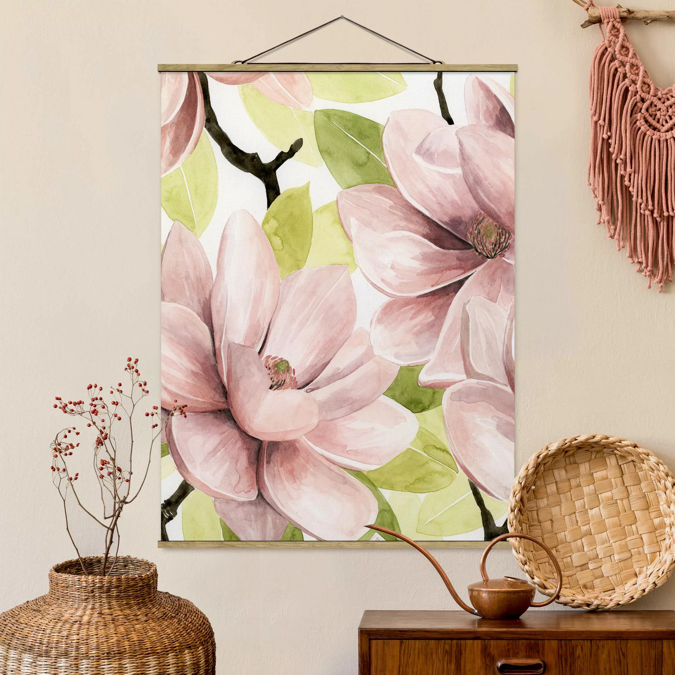 Stoffbild Blumen mit Posterleisten - Hochformat Magnolie errötet II günstig online kaufen