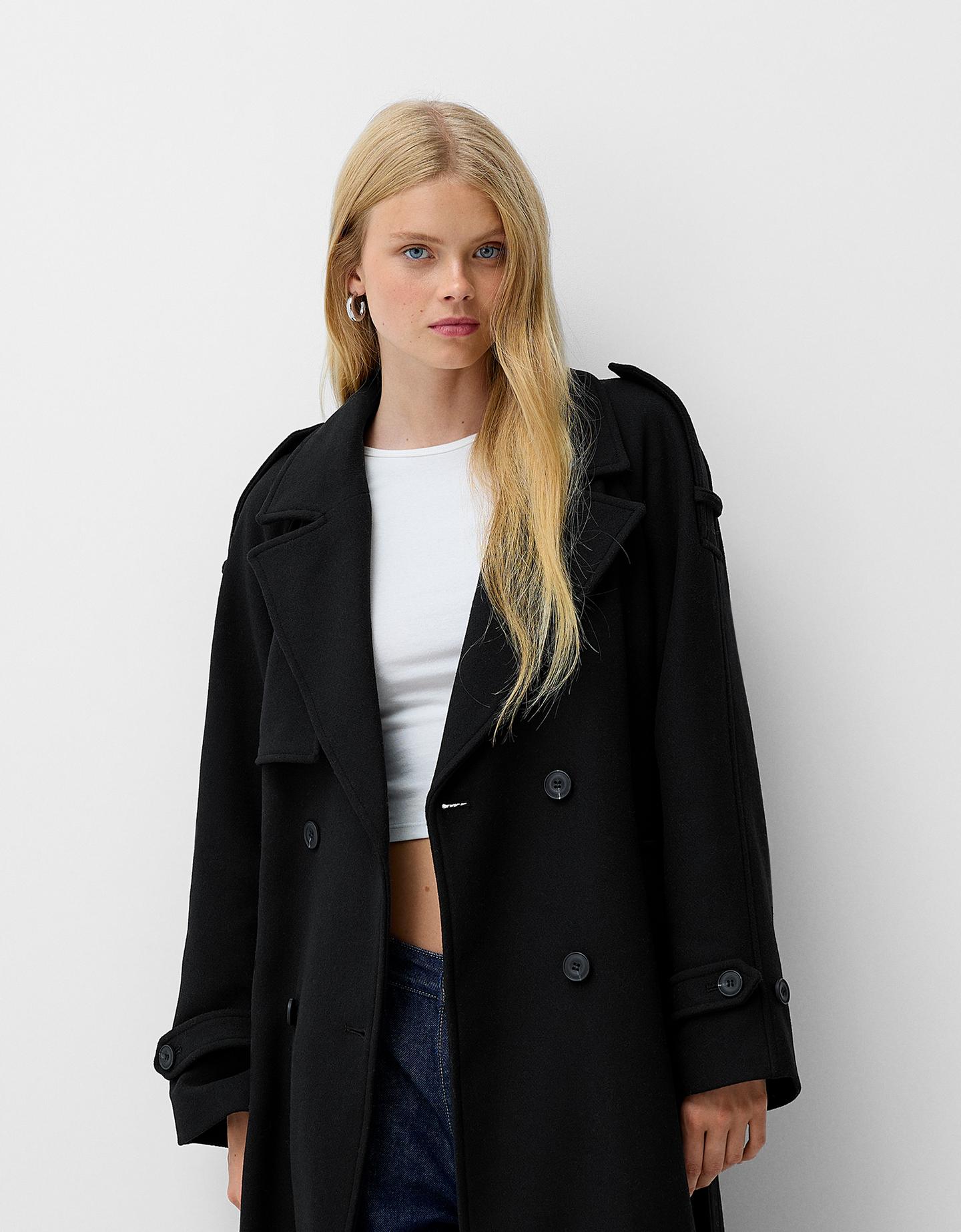 Bershka Oversize-Trenchcoat-Mantel Mit Wolle Damen S Schwarz günstig online kaufen