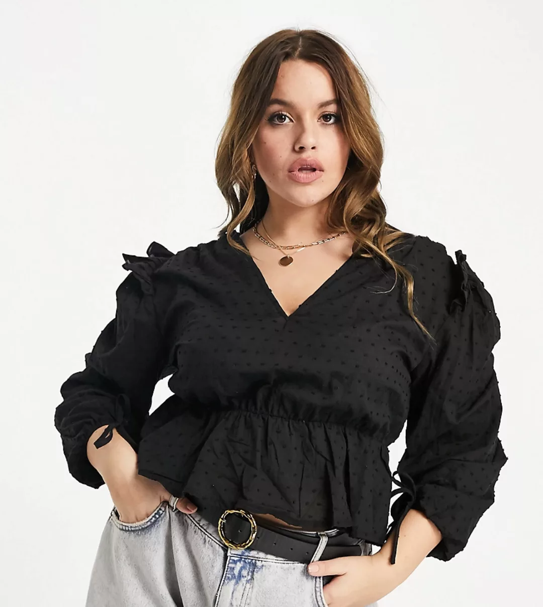 Missguided Plus – Schwarze Bluse mit Dobby-Muster, Bündchen mit Bindeband u günstig online kaufen