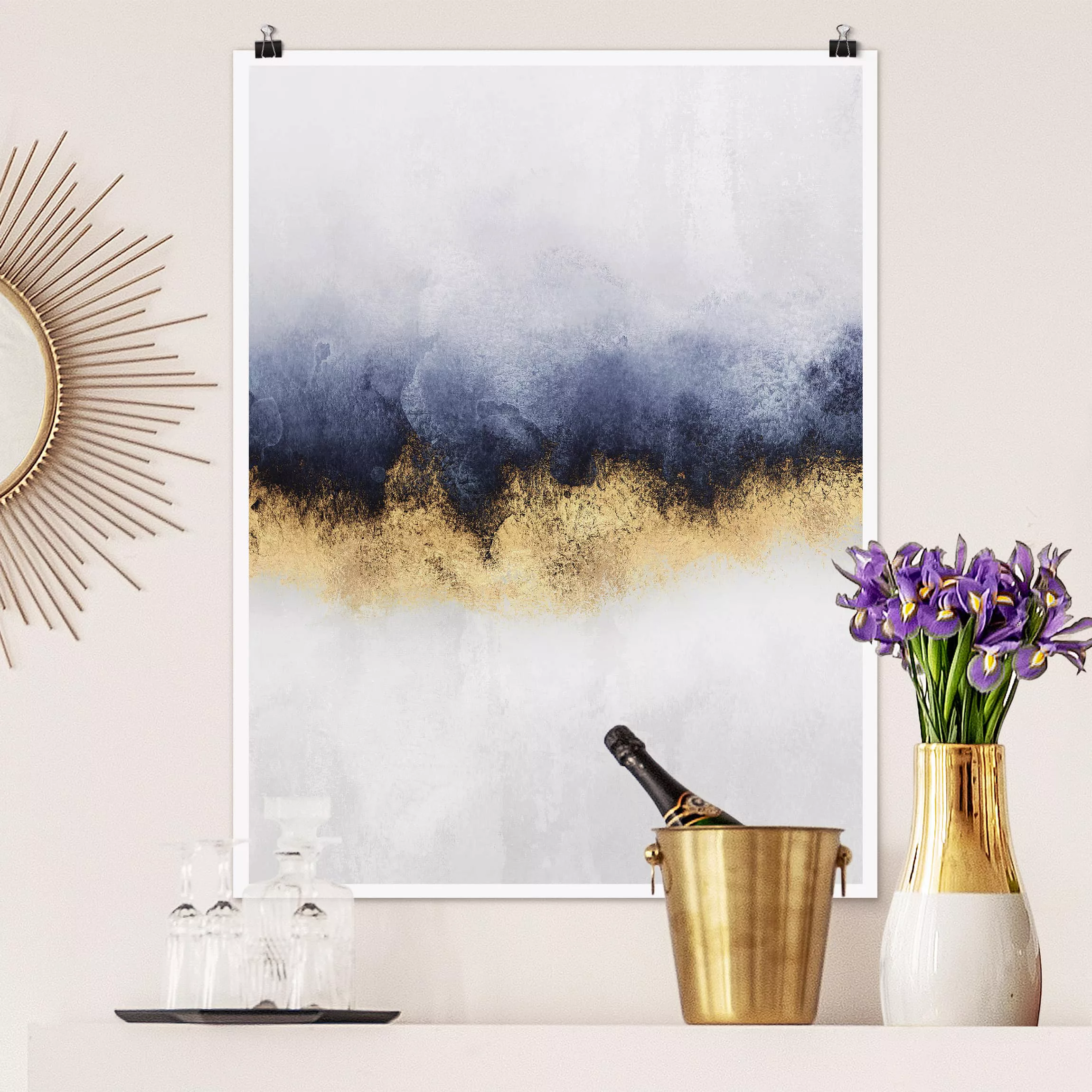 Poster Kunstdruck - Hochformat Wolkenhimmel mit Gold günstig online kaufen