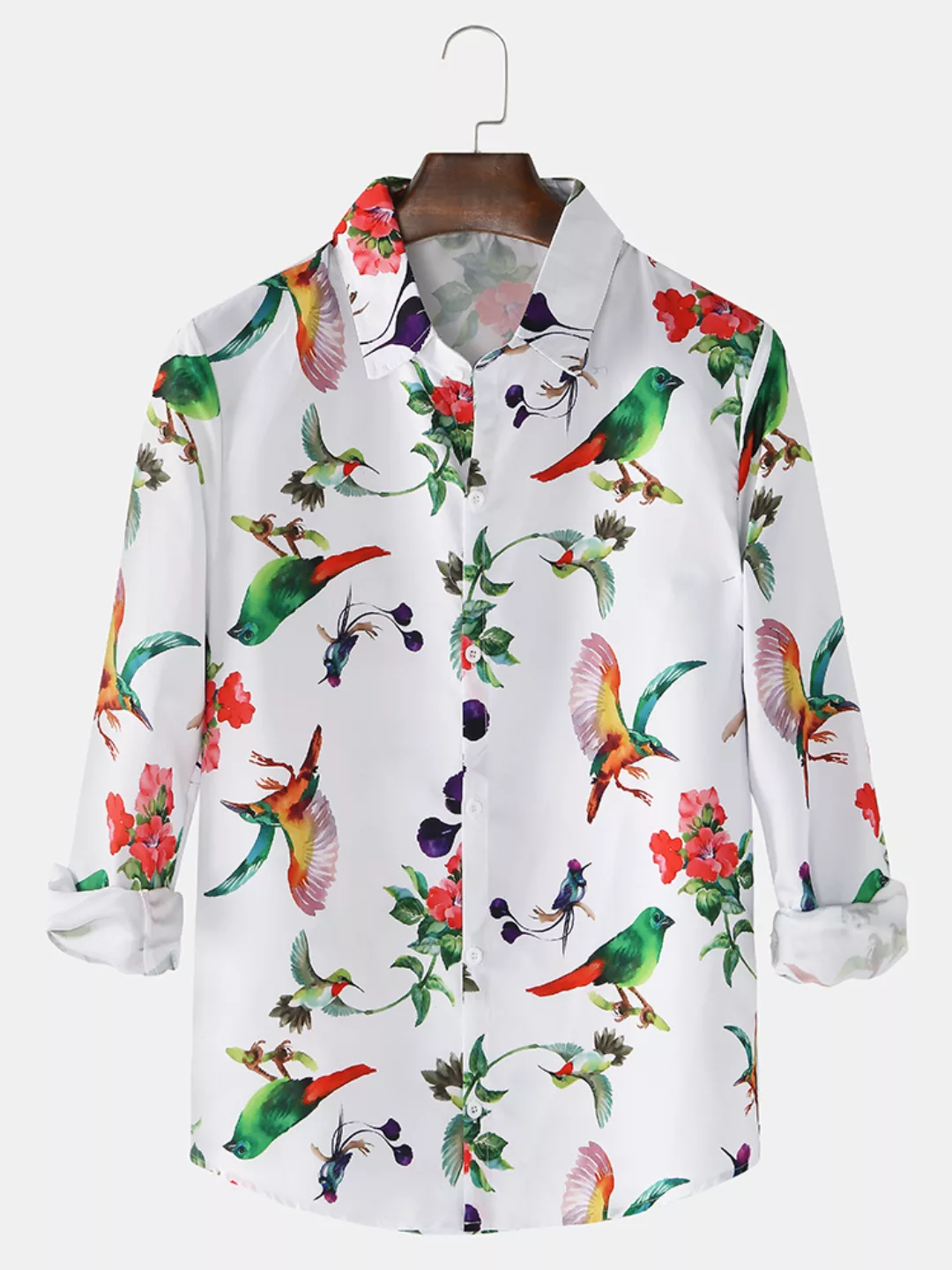 Mens Floral Birds Print Button Up Entspannte Passform Lässige Langarmhemden günstig online kaufen