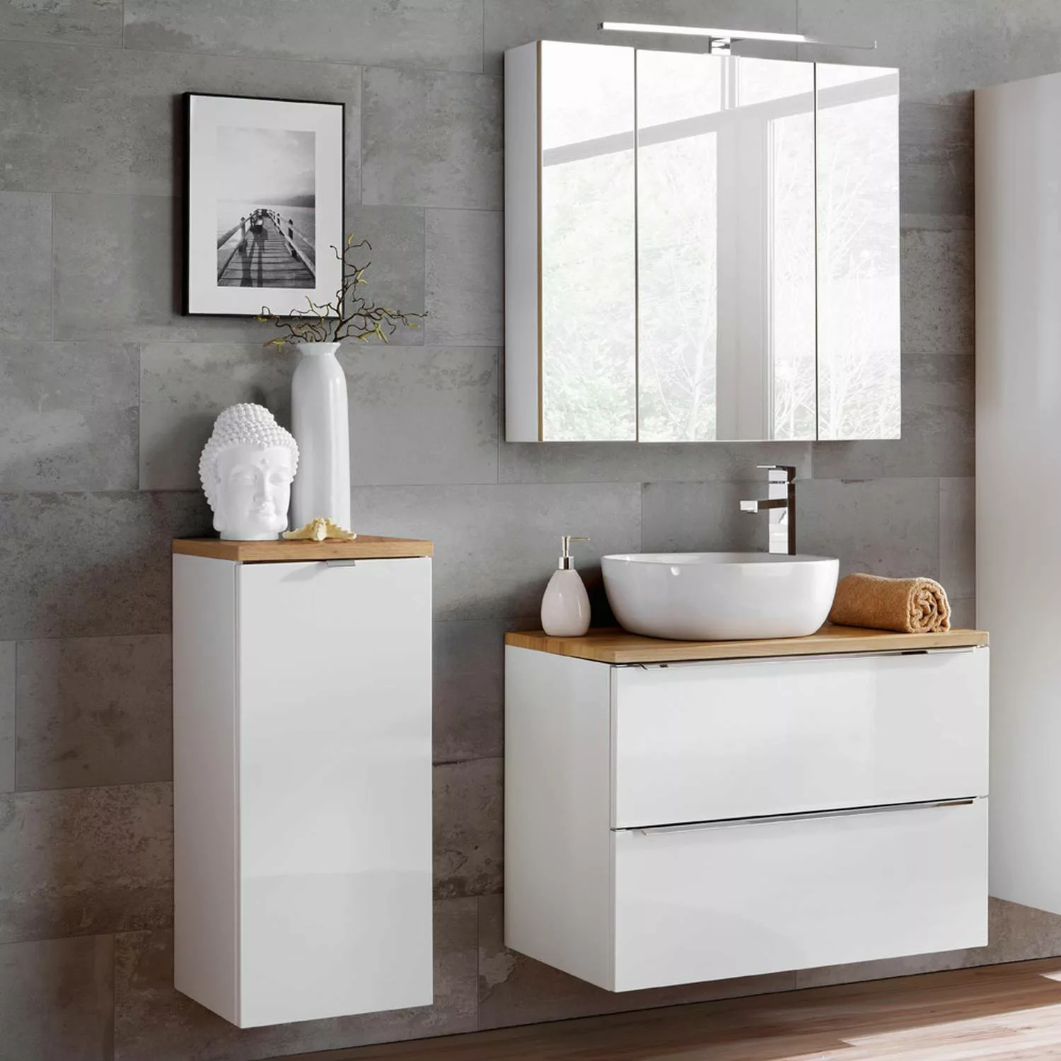 Badezimmermöbel Set mit LED-Spiegelschrank TOSKANA-56 weiß Hochglanz & Wota günstig online kaufen