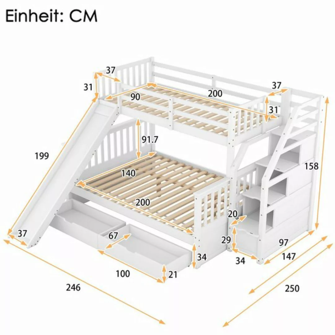 Odikalo Kinderbett Etagenbett Schubladen Stauraum Rutsche Treppe Weiß/Grau günstig online kaufen