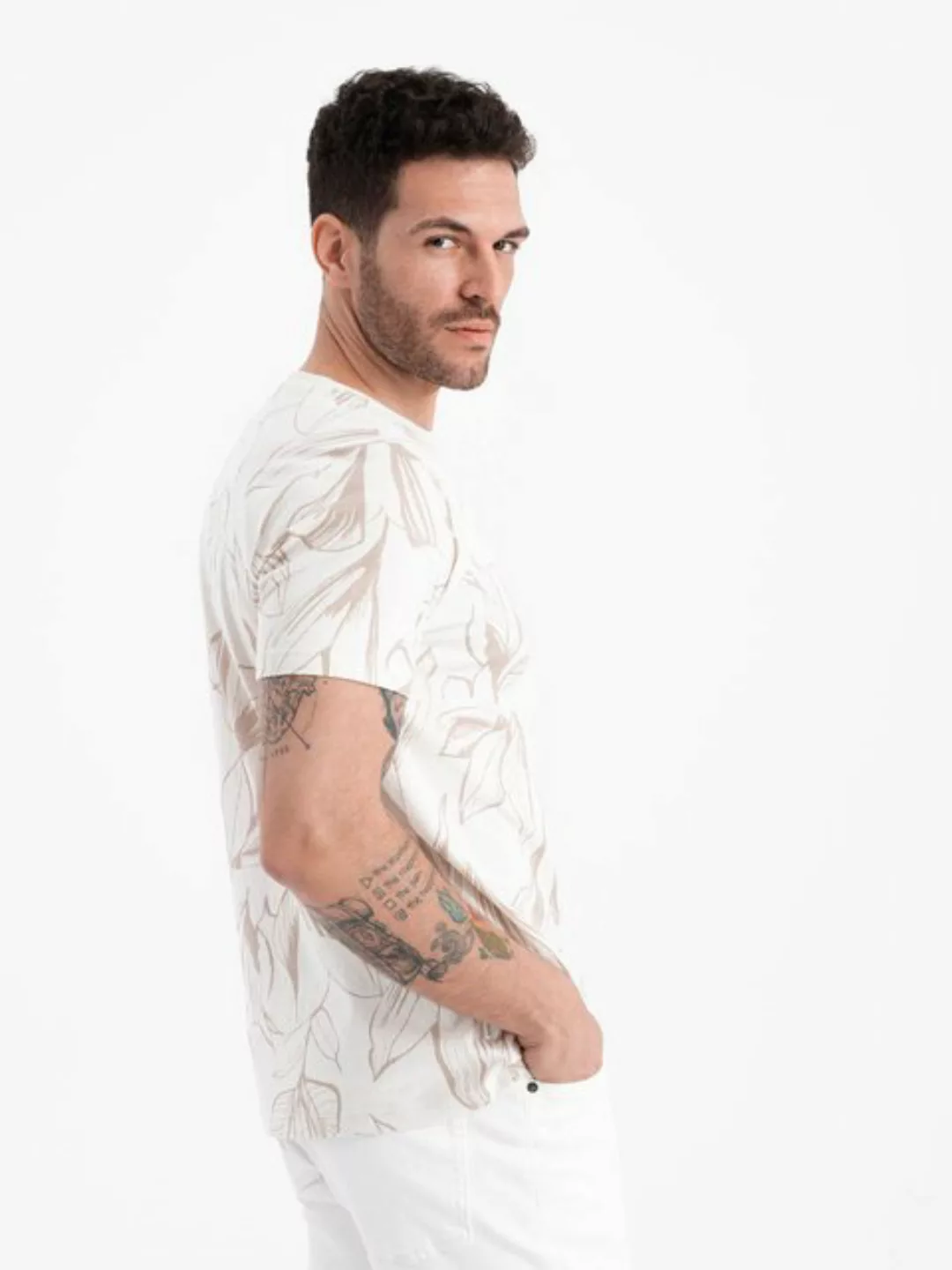 OMBRE T-Shirt Herren-T-Shirt mit Volldruck und kontrastierenden Blättern günstig online kaufen