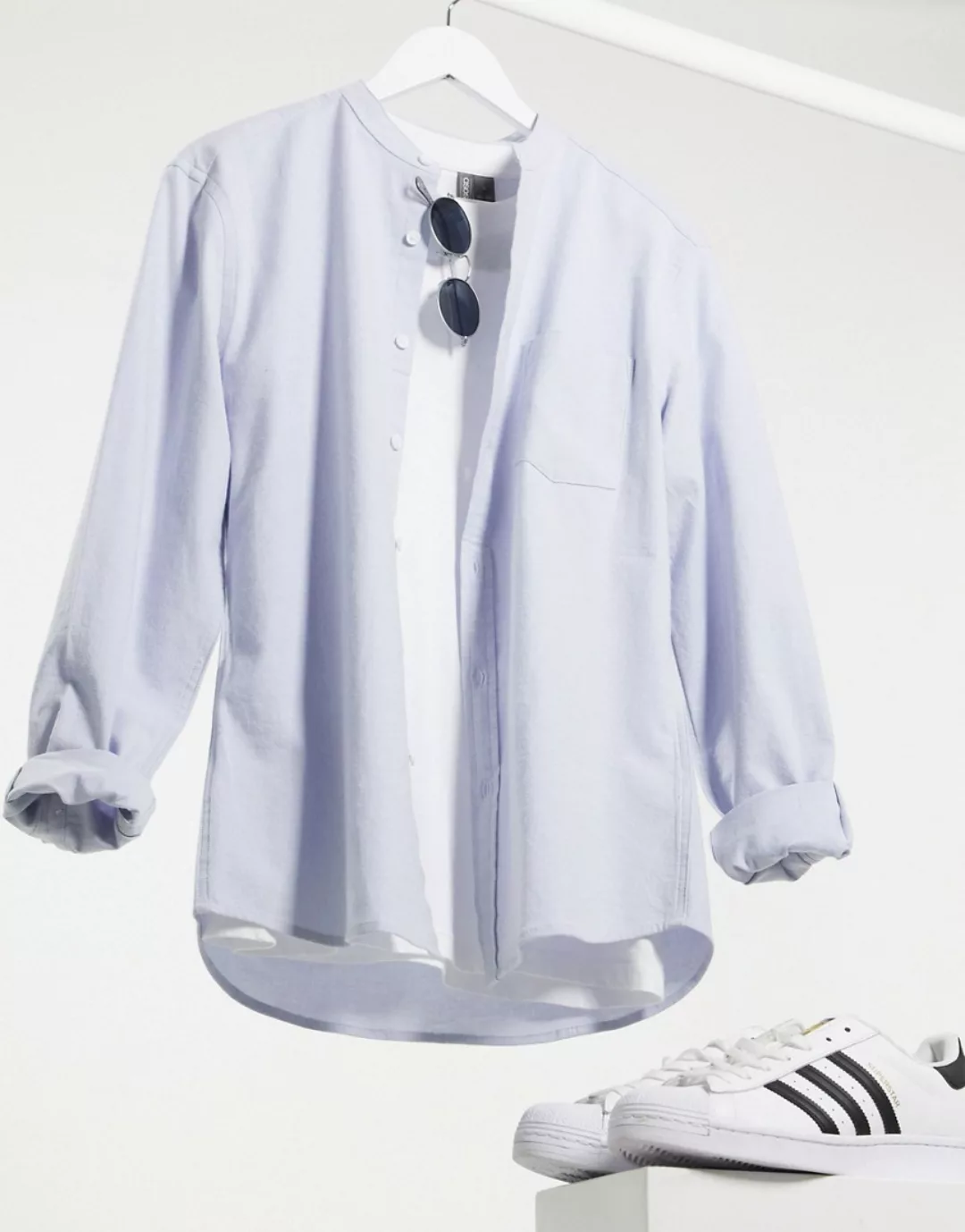 ASOS DESIGN – Schmales Oxford-Hemd aus Baumwolle mit Grandad-Kragen in Blau günstig online kaufen