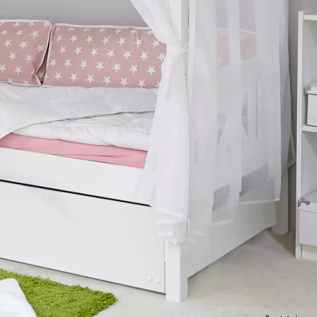 Kinder Himmelbett mit Ausziehbett Weiß Rosa günstig online kaufen