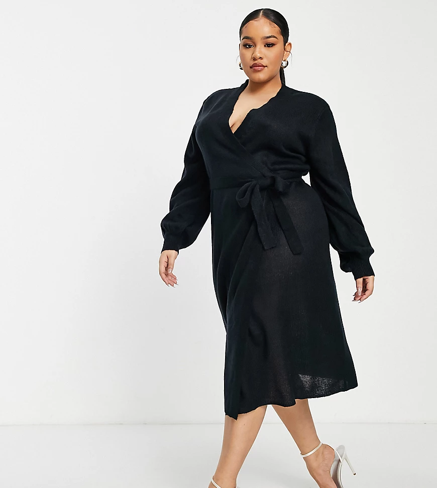 ASOS DESIGN Curve – Gestricktes Wickel-Minikleid in Schwarz mit Ballonärmel günstig online kaufen