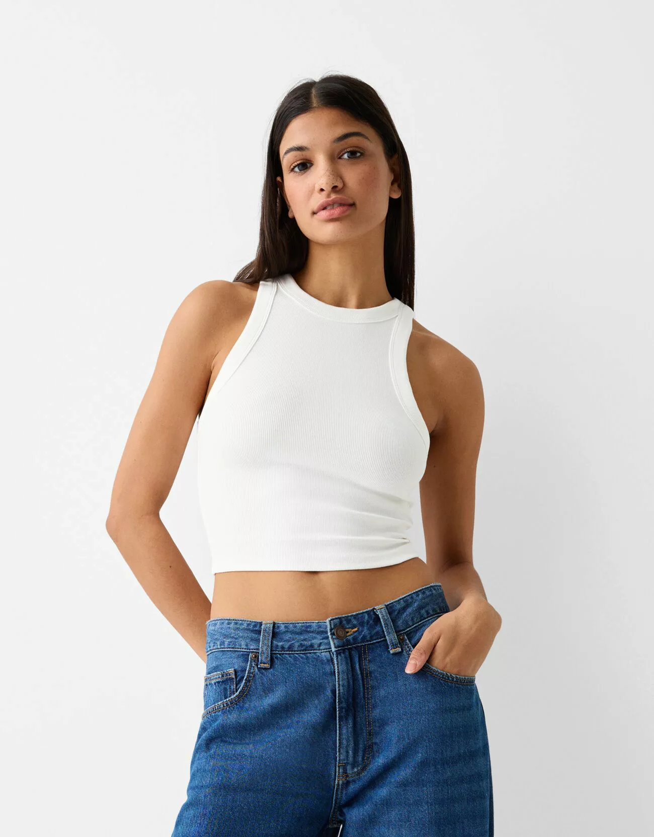 Bershka Ärmelloses Shirt Mit Patentmuster Damen L Grbrochenes Weiss günstig online kaufen