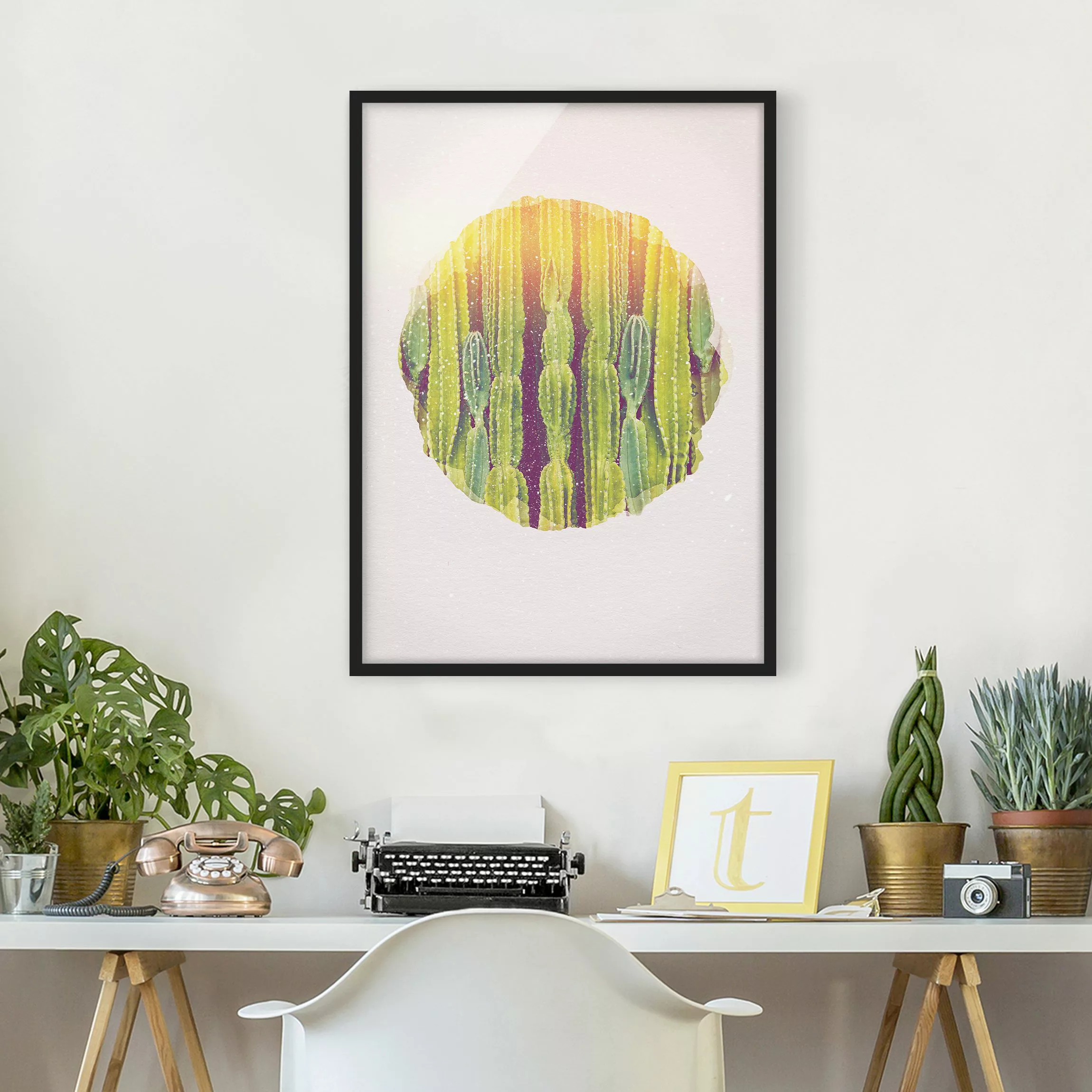 Bild mit Rahmen Blumen - Hochformat Wasserfarben - Kaktus Wand günstig online kaufen