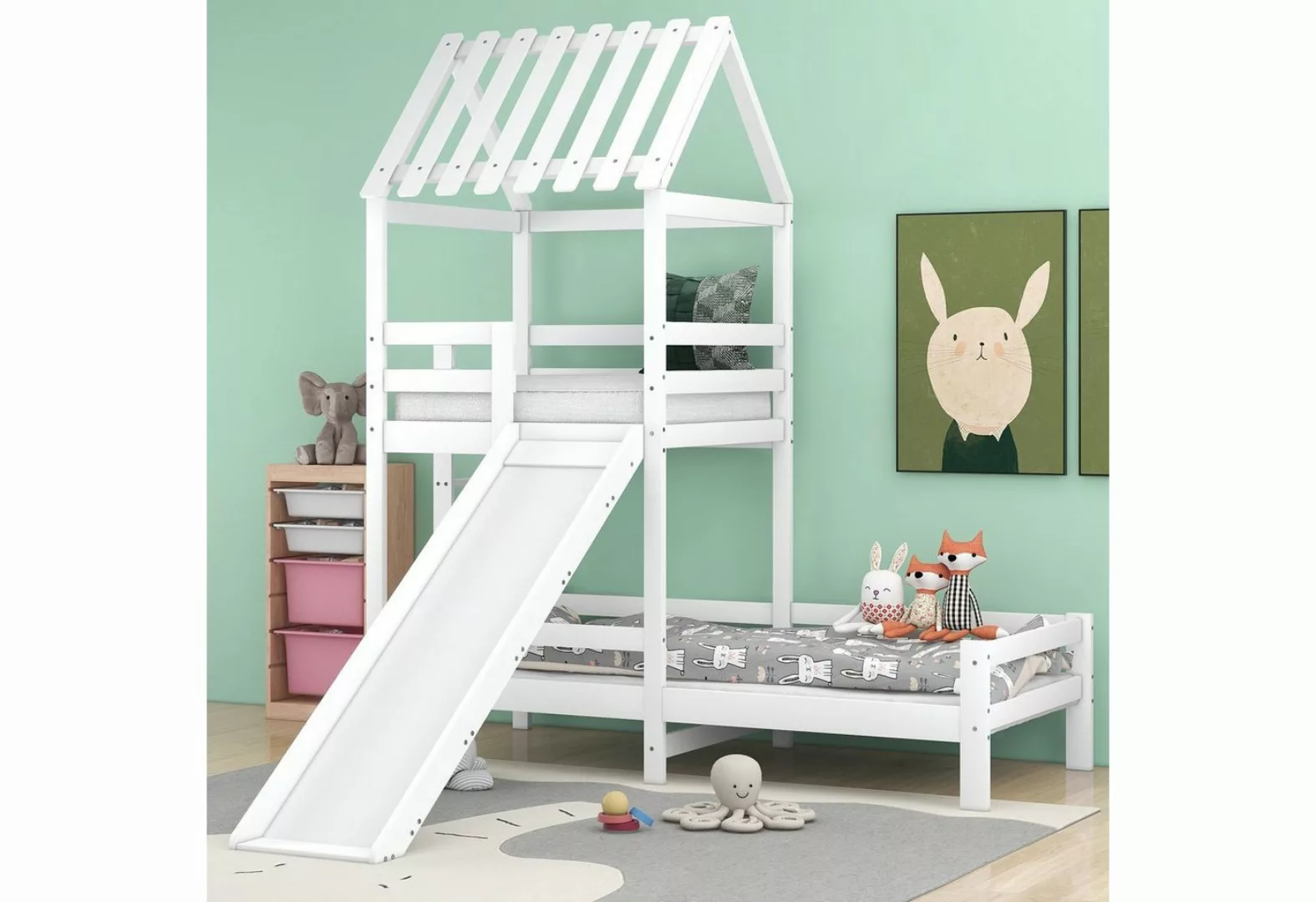 Flieks Etagenbett, Hausbett Spielturmbett Kinderbett 90x200cm+90x100cm Kief günstig online kaufen