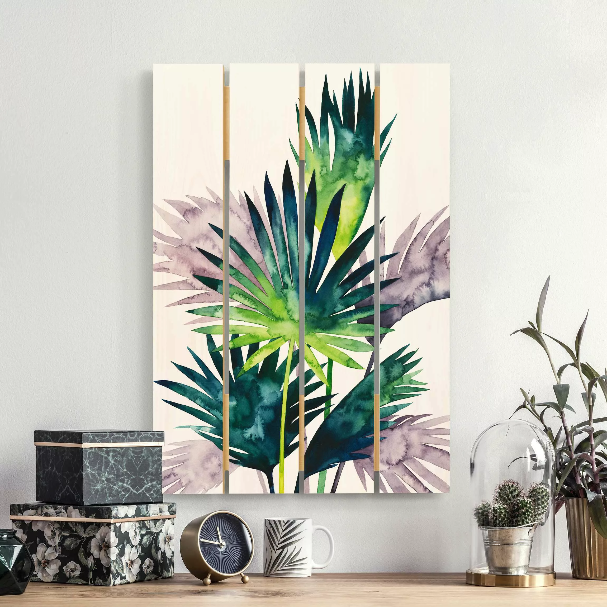 Holzbild Plankenoptik Blumen - Hochformat Exotisches Blattwerk - Fächerpalm günstig online kaufen