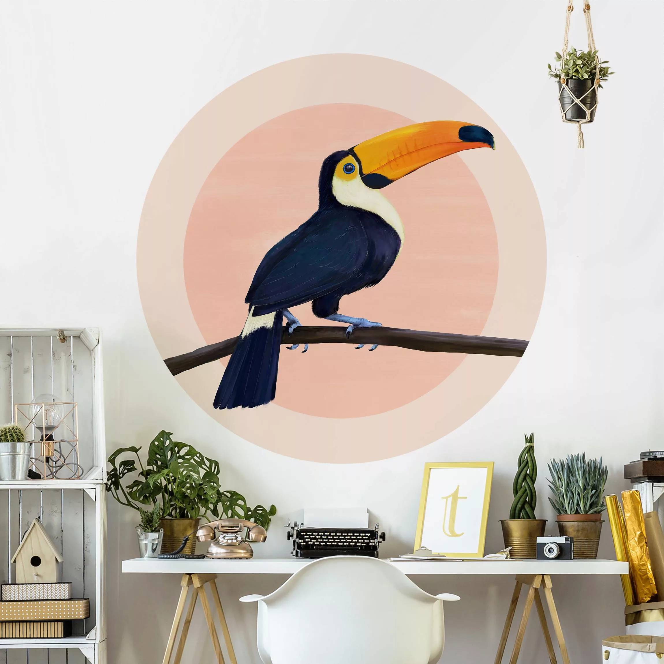 Runde Fototapete selbstklebend Illustration Vogel Tukan Malerei Pastell günstig online kaufen
