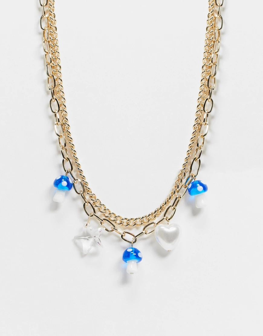 Topshop – Mehrreihige, goldfarbene Halskette mit mehreren Pilzanhängern in günstig online kaufen