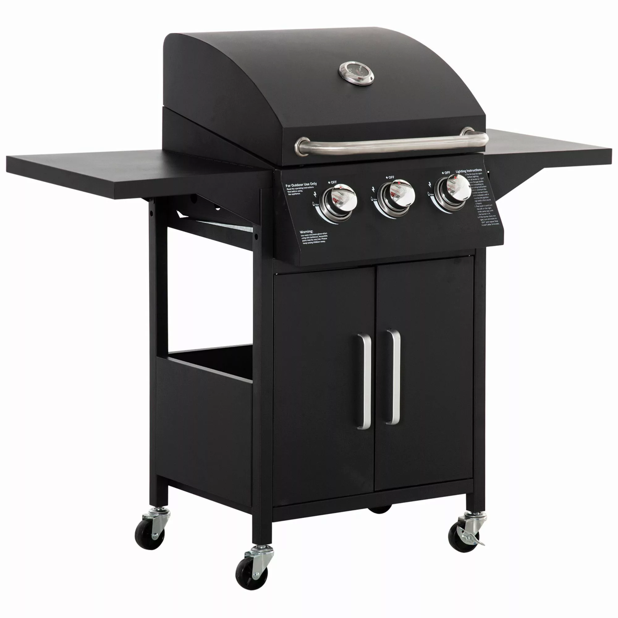 Outsunny Gasgrill BBQ mit 3 Brennern, 3 kw, mobiler Grillwagen mit Rädern, günstig online kaufen