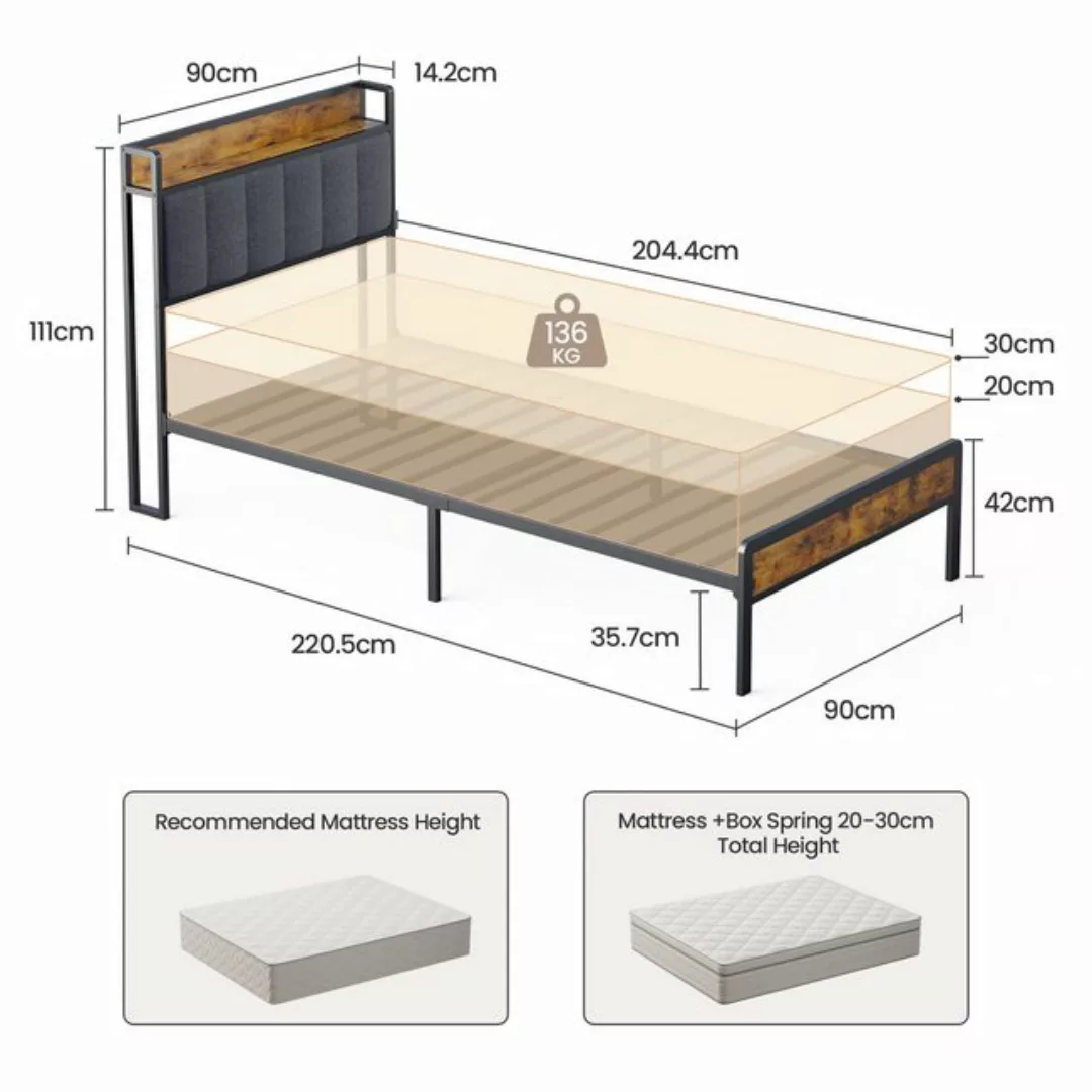 Bealife Einzelbett Bettrahmen Holz Metallbett,Bettgestell aus Metall,90x200 günstig online kaufen