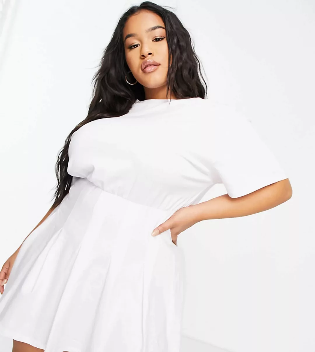 ASOS DESIGN Curve – Mini-T-Shirt-Kleid mit Tennisrock in Weiß günstig online kaufen