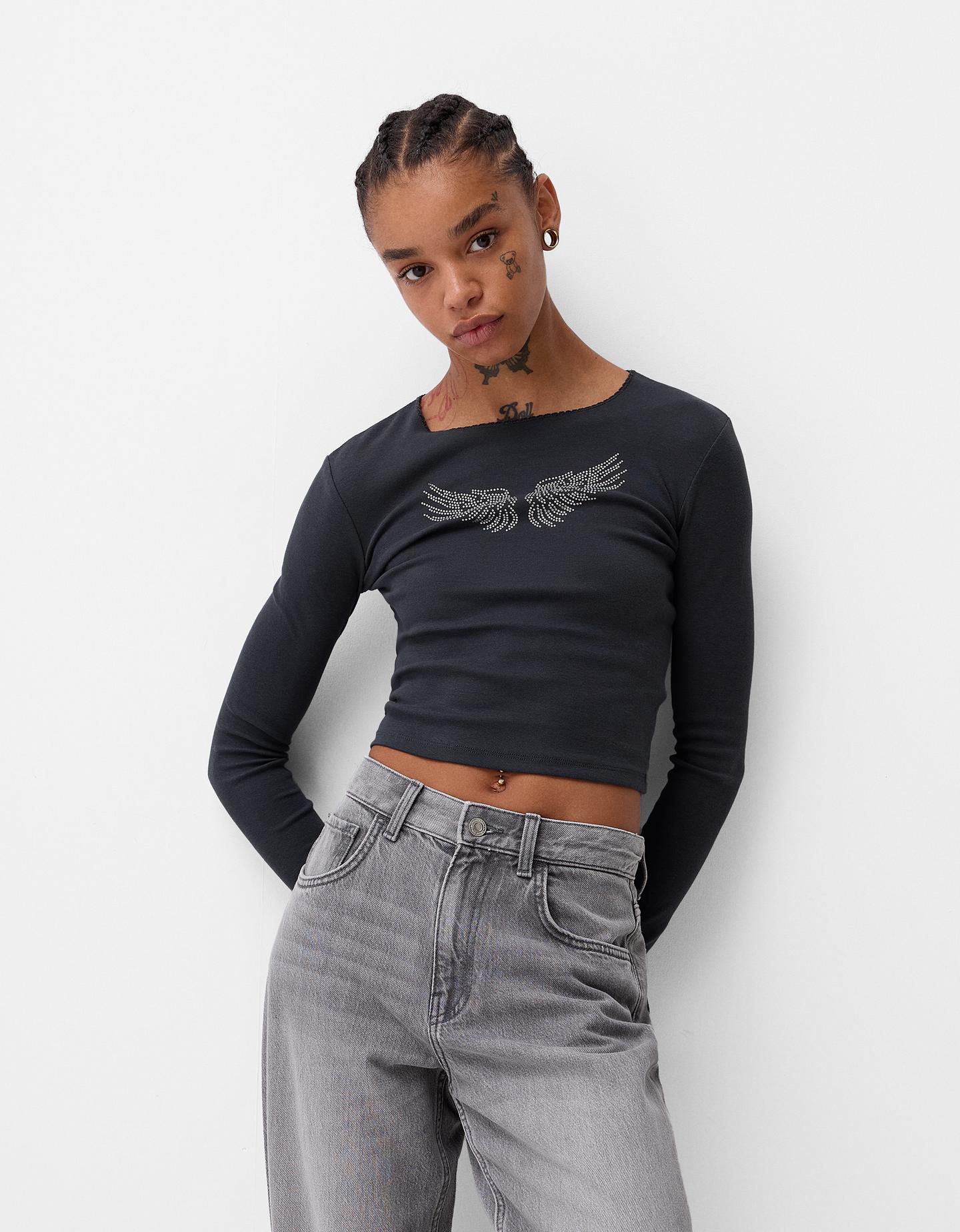 Bershka Langarmshirt Mit Strass Damen M Dunkelgrau günstig online kaufen