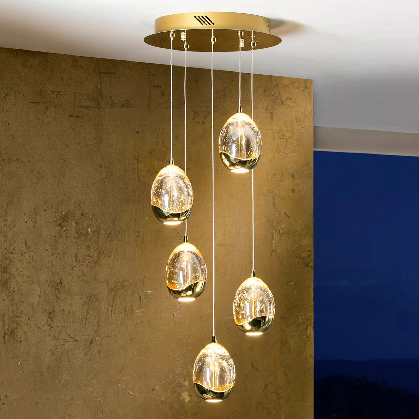 LED-Hängeleuchte Rocio, 5-fl., rund, Metall, Glas, gold günstig online kaufen