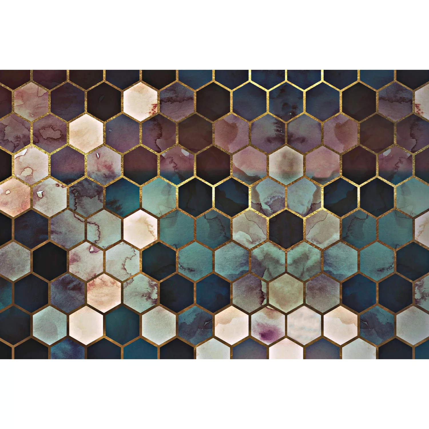 Fototapete Marmor Hexagon Muster Lila Gold Blau 4,00 m x 2,70 m FSC® günstig online kaufen