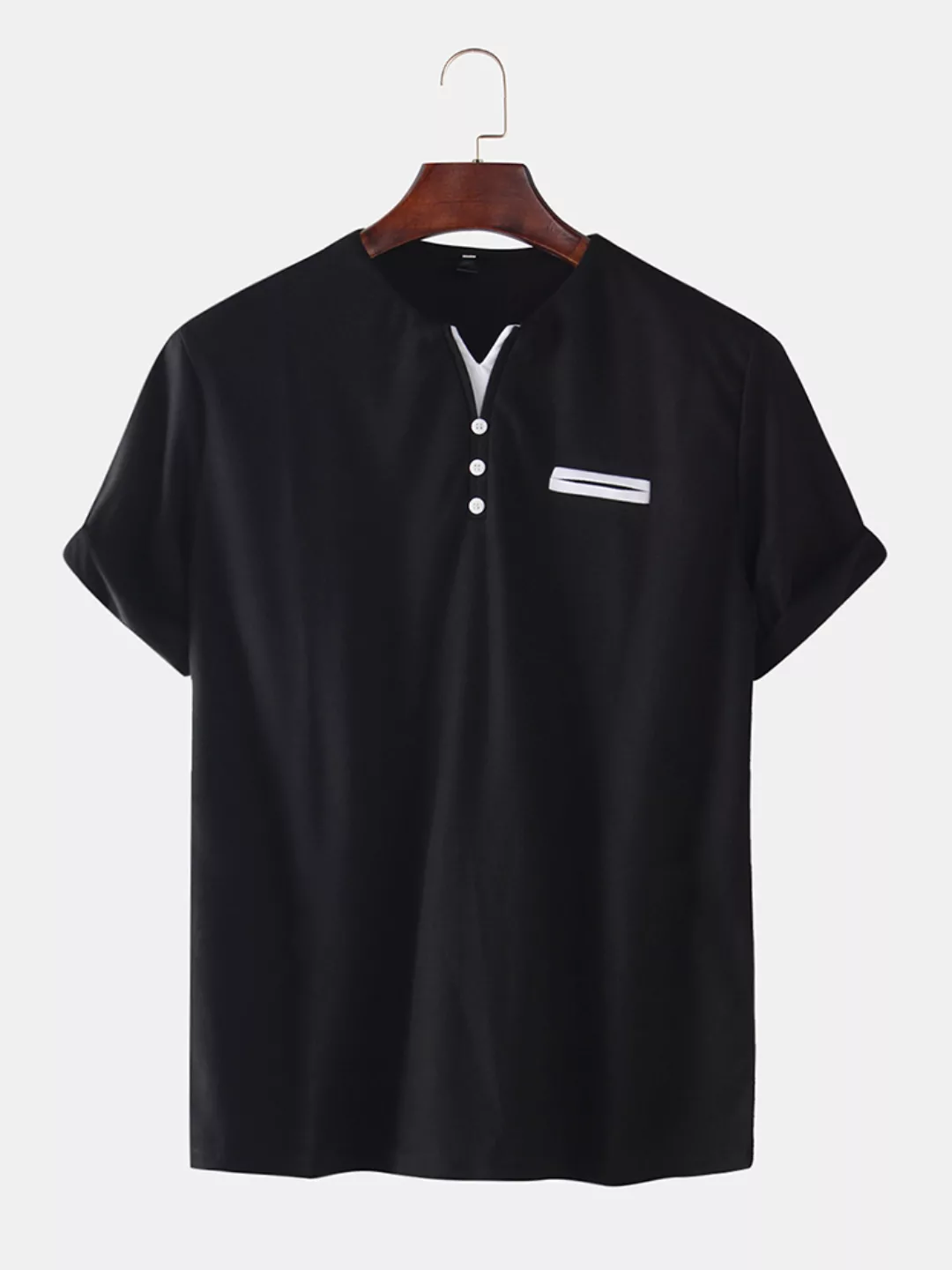 Mens Pocket Color Matching V-Ausschnitt Casual Kurzarm Henley Shirt günstig online kaufen