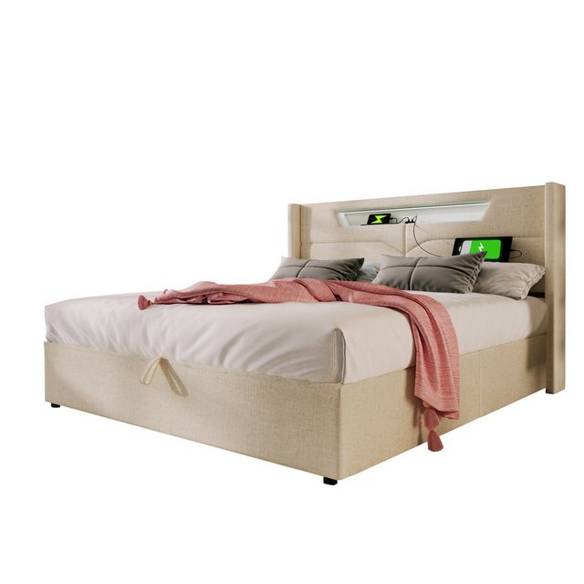 Gotagee Polsterbett Ladefunktion Stauraumbett LED Doppelbett Beige flaches günstig online kaufen