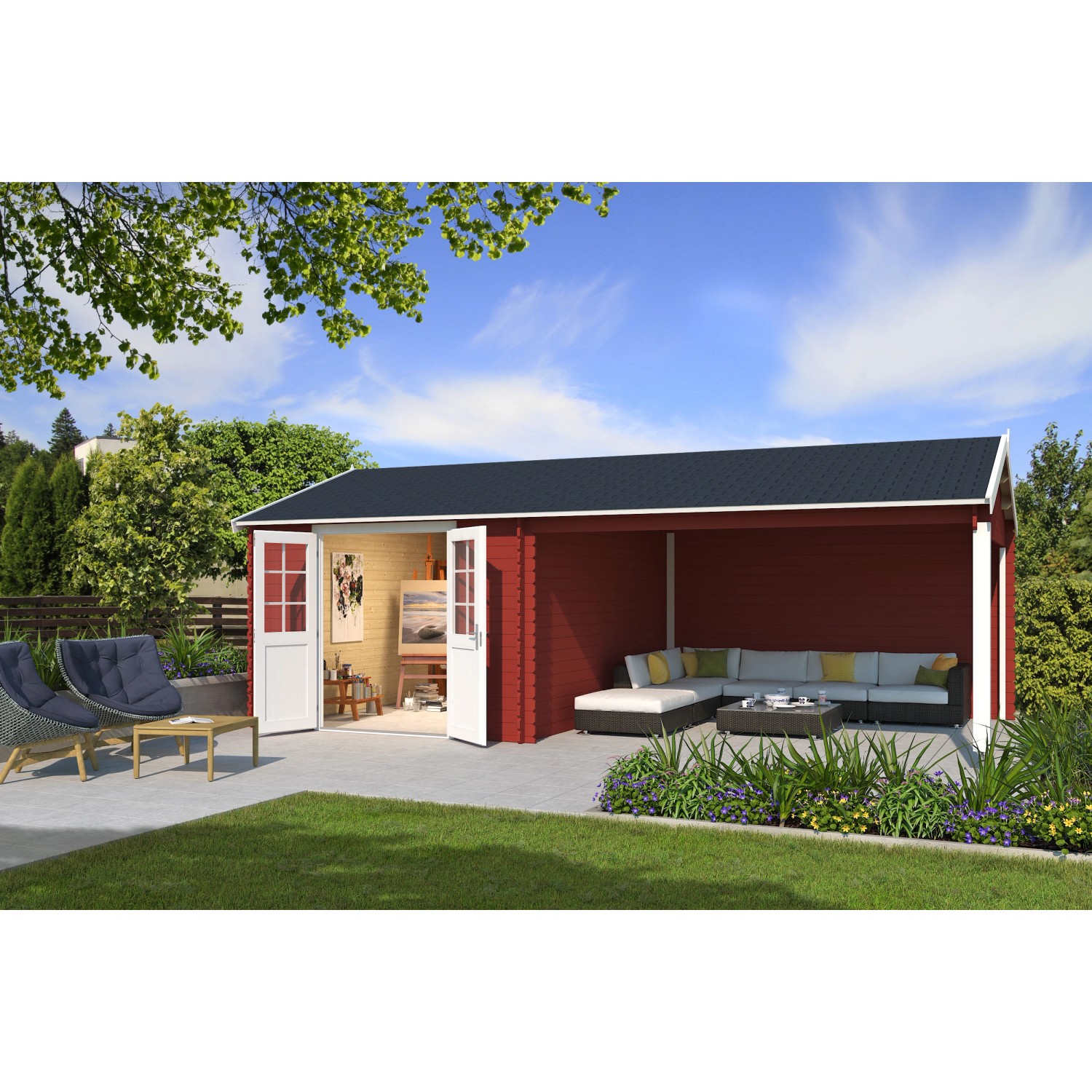 Lasita Holz-Gartenhaus El Paso Schwedenrot 700 cm x 417,2 cm mit Anbaudach günstig online kaufen
