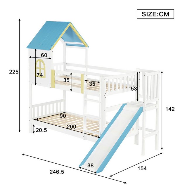 Flieks Etagenbett, Hausbett Kinderbett 90x200cm mit Dach und Fenster, Leite günstig online kaufen