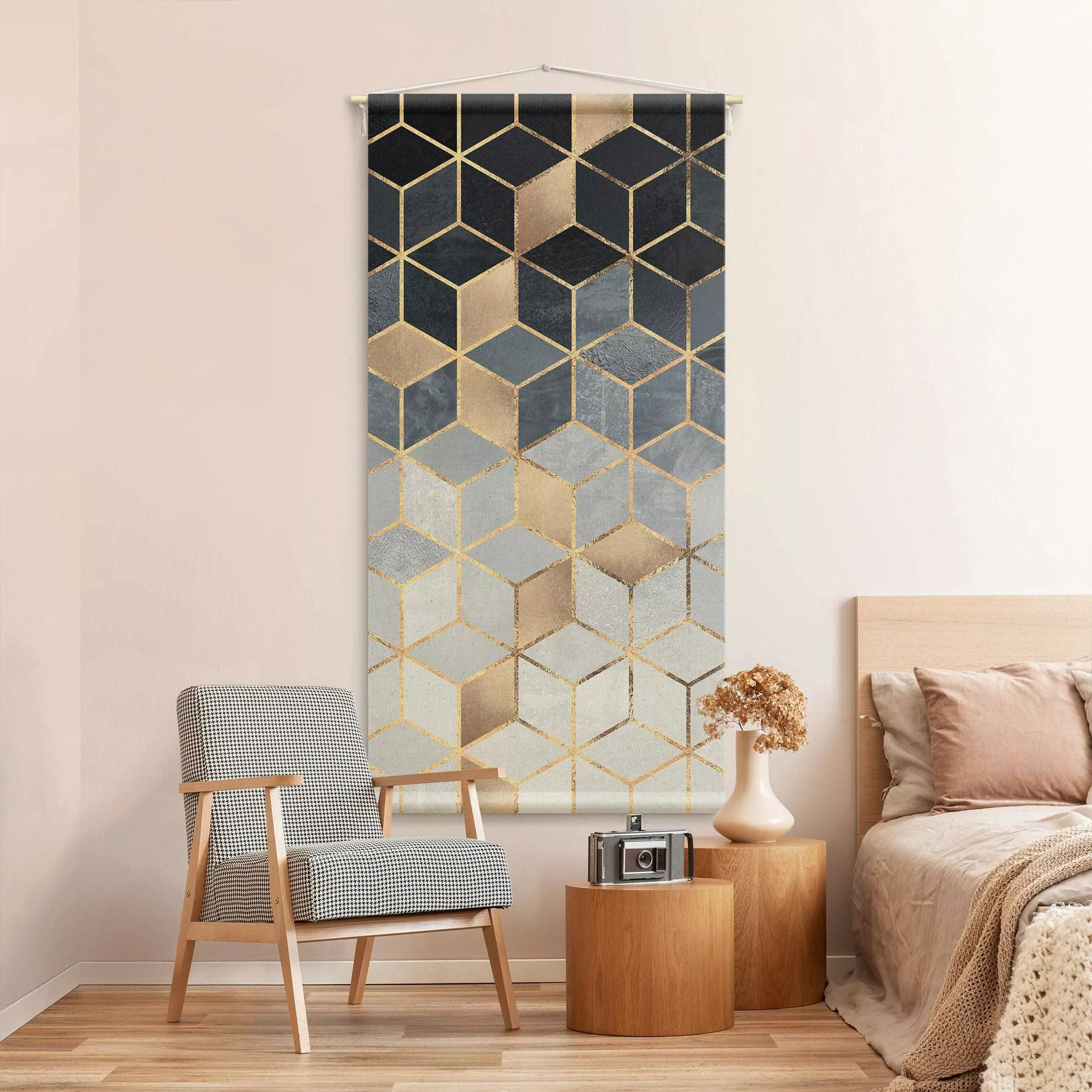 Wandteppich Blau Weiß goldene Geometrie günstig online kaufen