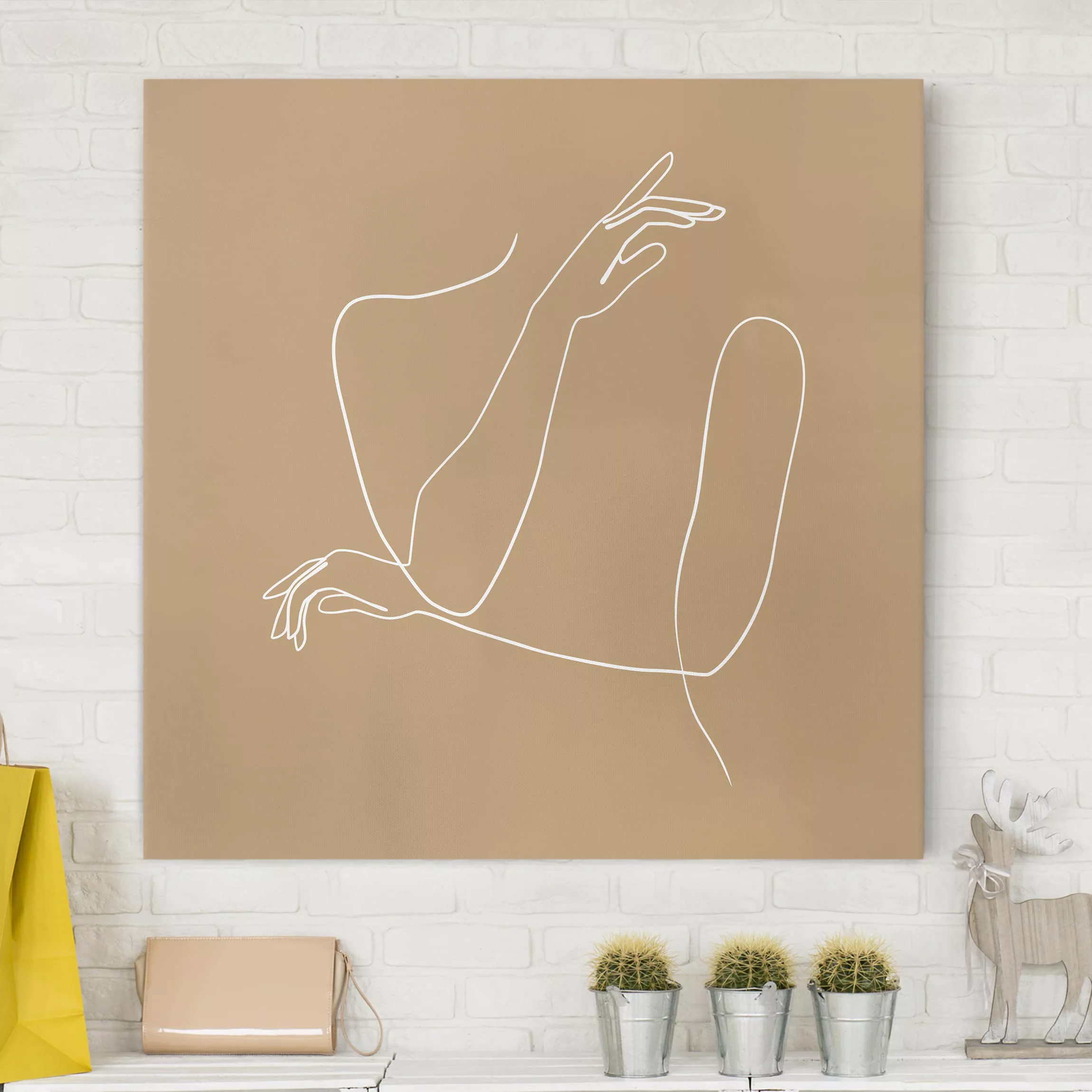 Leinwandbild Portrait - Quadrat Line Art Hände Frau Beige günstig online kaufen