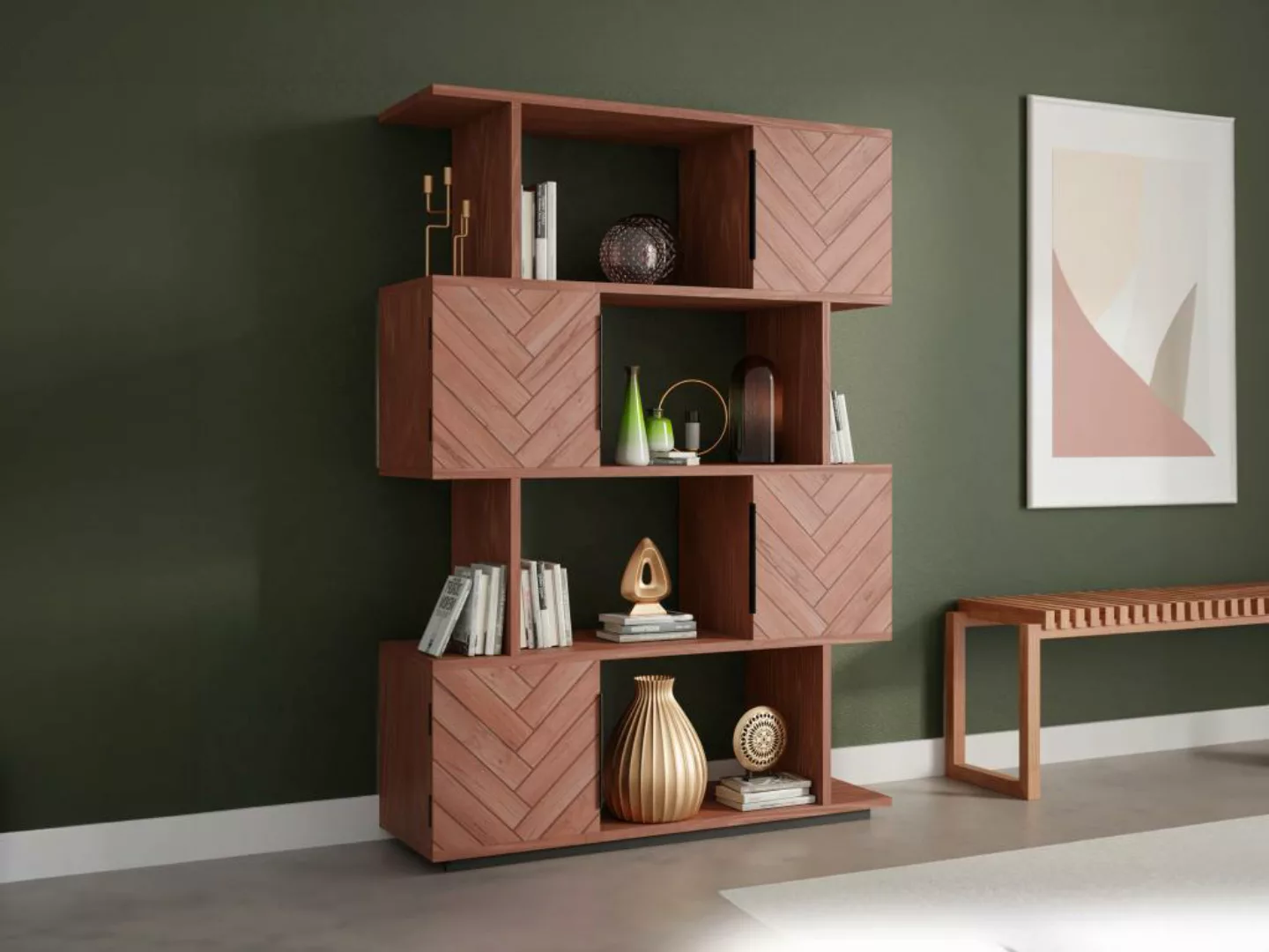 Bücherregal mit 4 Türen & 4 Regalfächern - Akazienholz & Metall - Holzfarbe günstig online kaufen