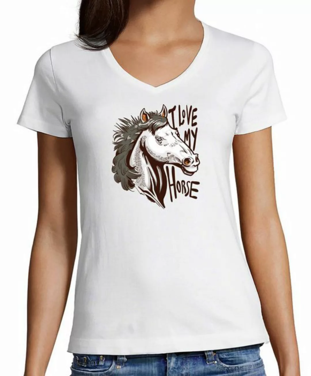 MyDesign24 T-Shirt Damen Pferde Print Shirt - I Love my Horse V-Ausschnitt günstig online kaufen
