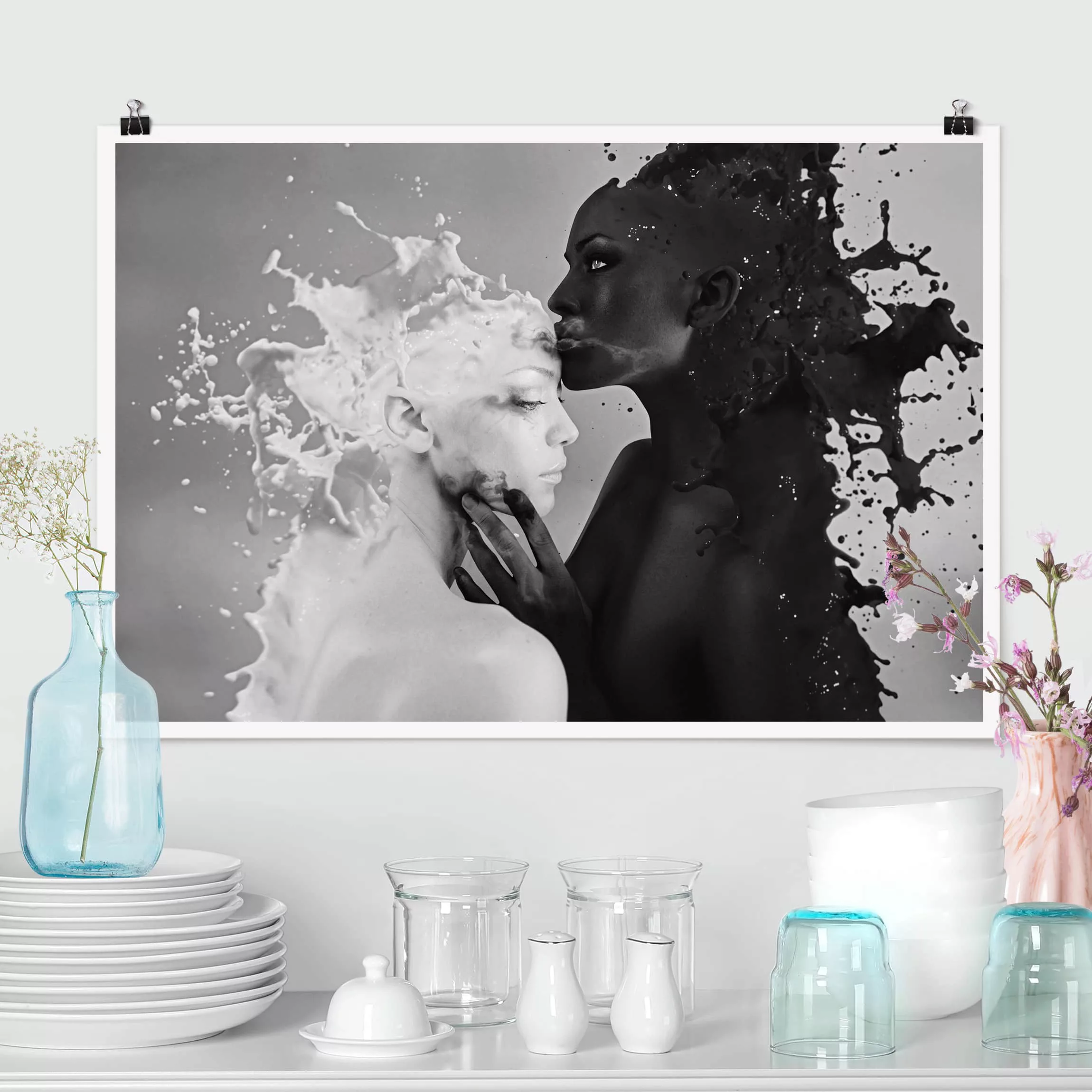 Poster Küche - Querformat Milch & Kaffee Kuss schwarz weiß günstig online kaufen
