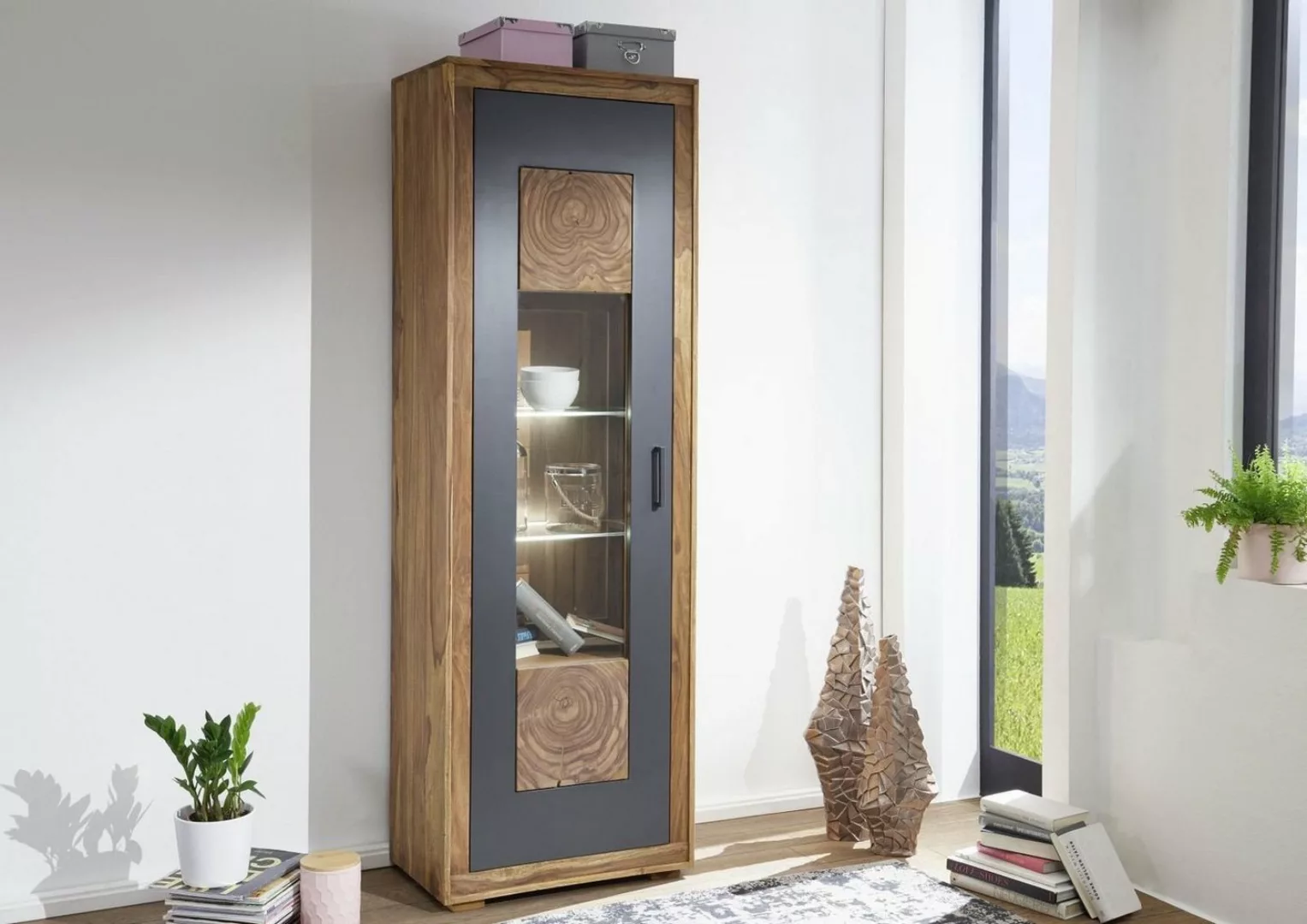 Massivmoebel24 Standvitrine Vitrine Sheesham 66x40x201 gebeizt TURIN #01 günstig online kaufen