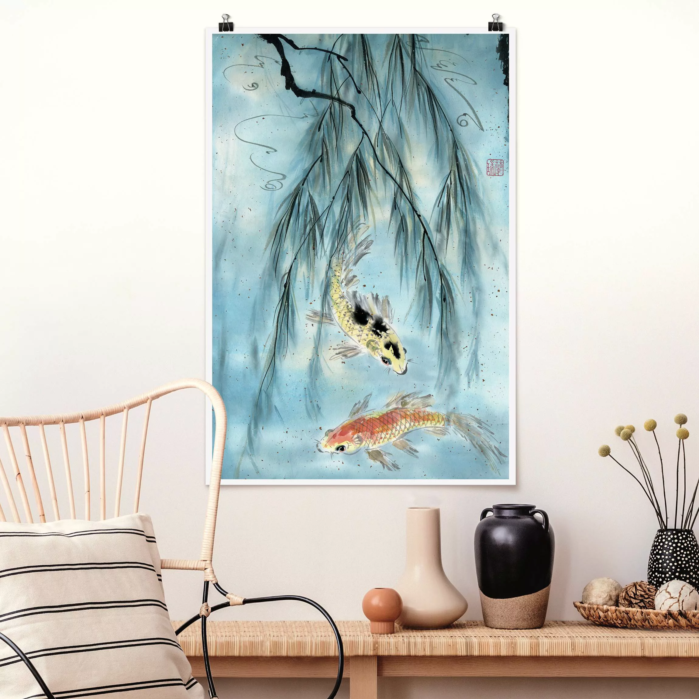 Poster Japanische Aquarell Zeichnung Goldfische II günstig online kaufen