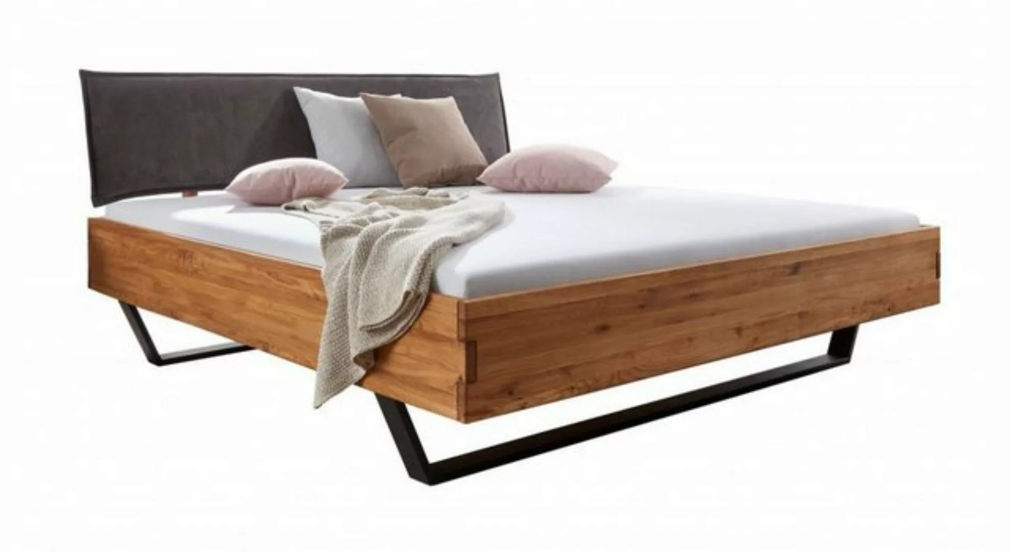 Natur24 Bett Bett Hermo 200x200 Wildeiche mit Polsterkopfteil und Metallkuf günstig online kaufen
