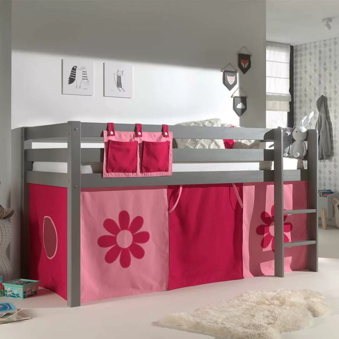 Mädchen Kinderzimmerbett in Grau Pink Rosa Blumen Motiv günstig online kaufen