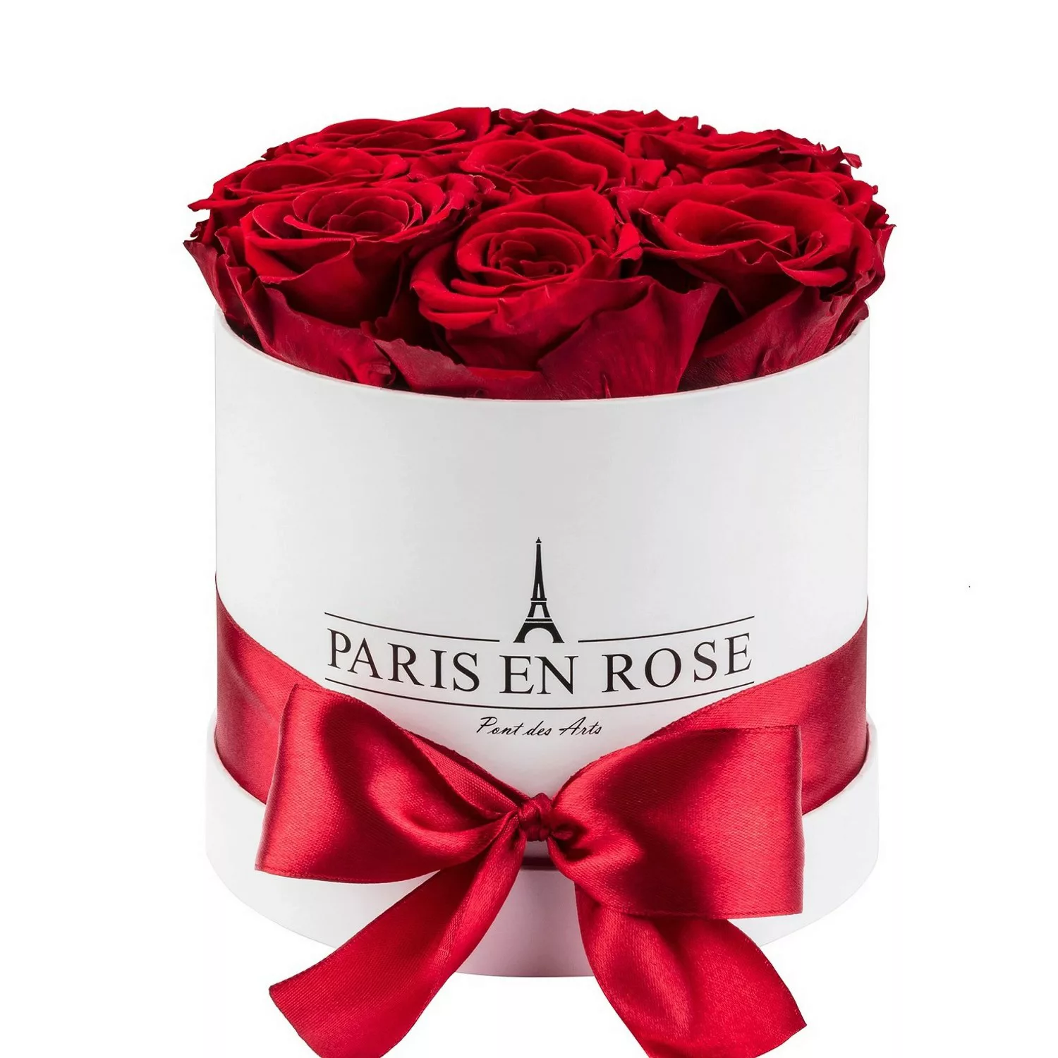 Rosenbox Ø 14,5 cm Weiß mit Schleife und 9 Bordeaux Rosen günstig online kaufen